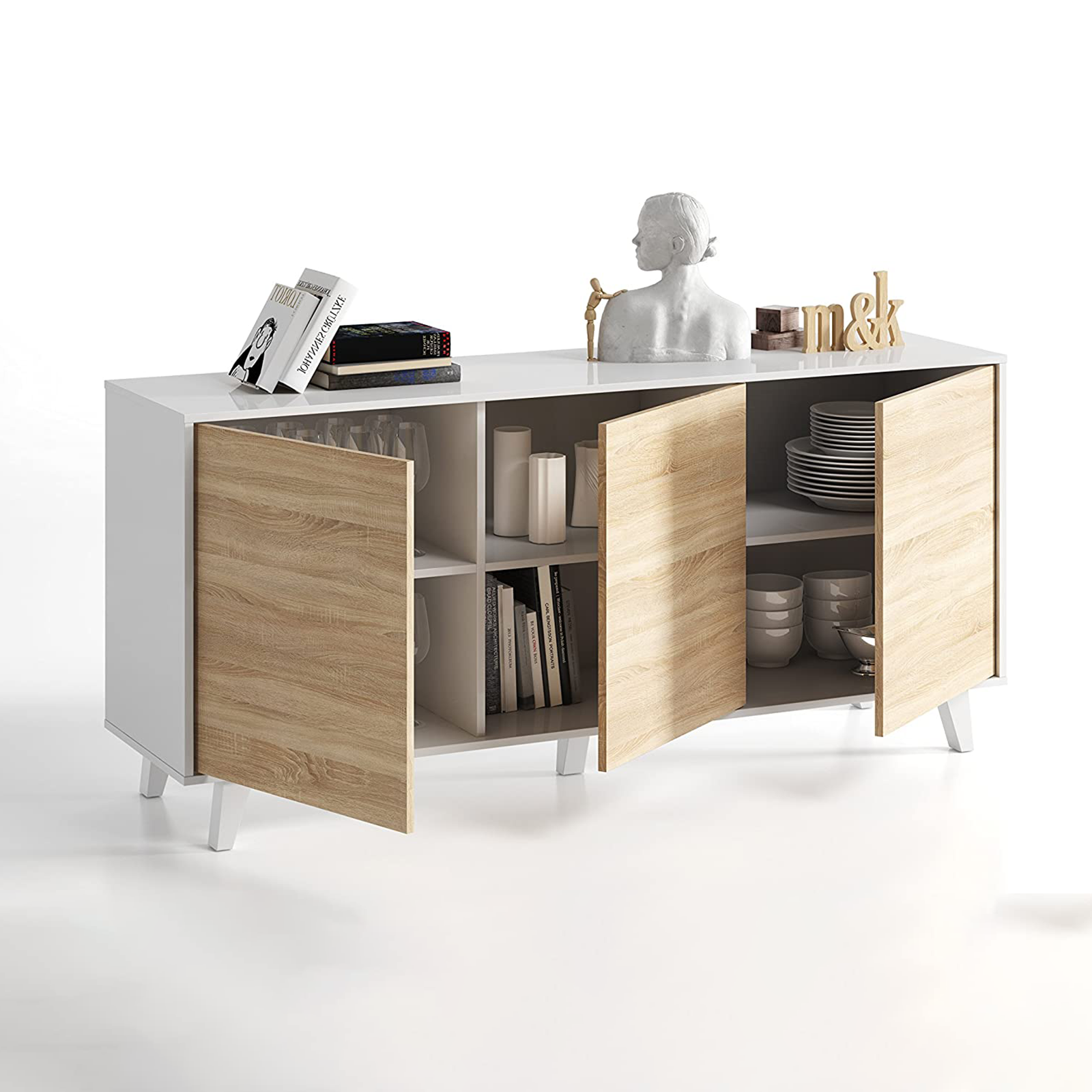 Madia credenza 3 ante "Zaiken" rovere e bianco da soggiorno cm 154x41 75h
