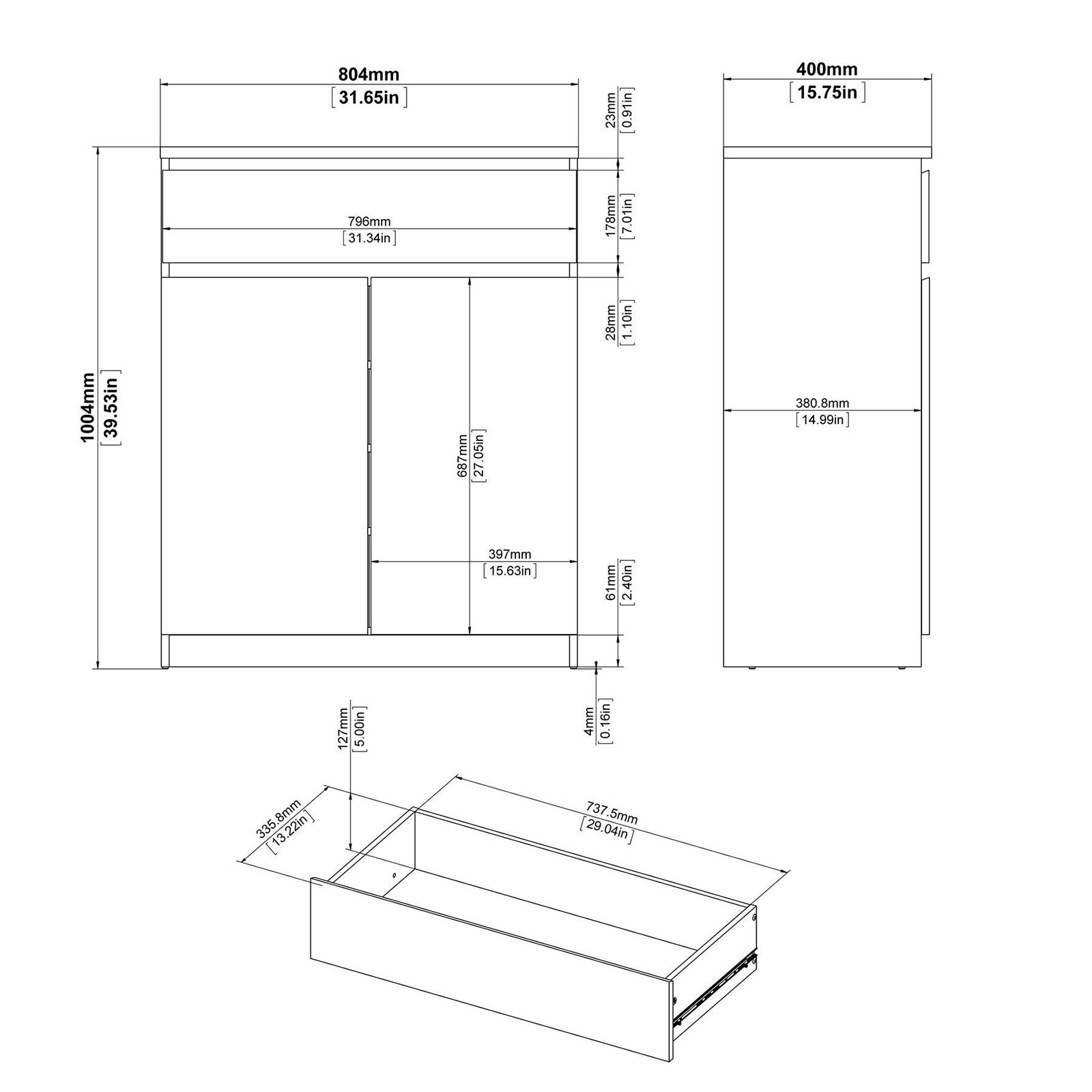 Madia credenza a buffet in legno "Naia" mobile cassettiera bianco e cemento