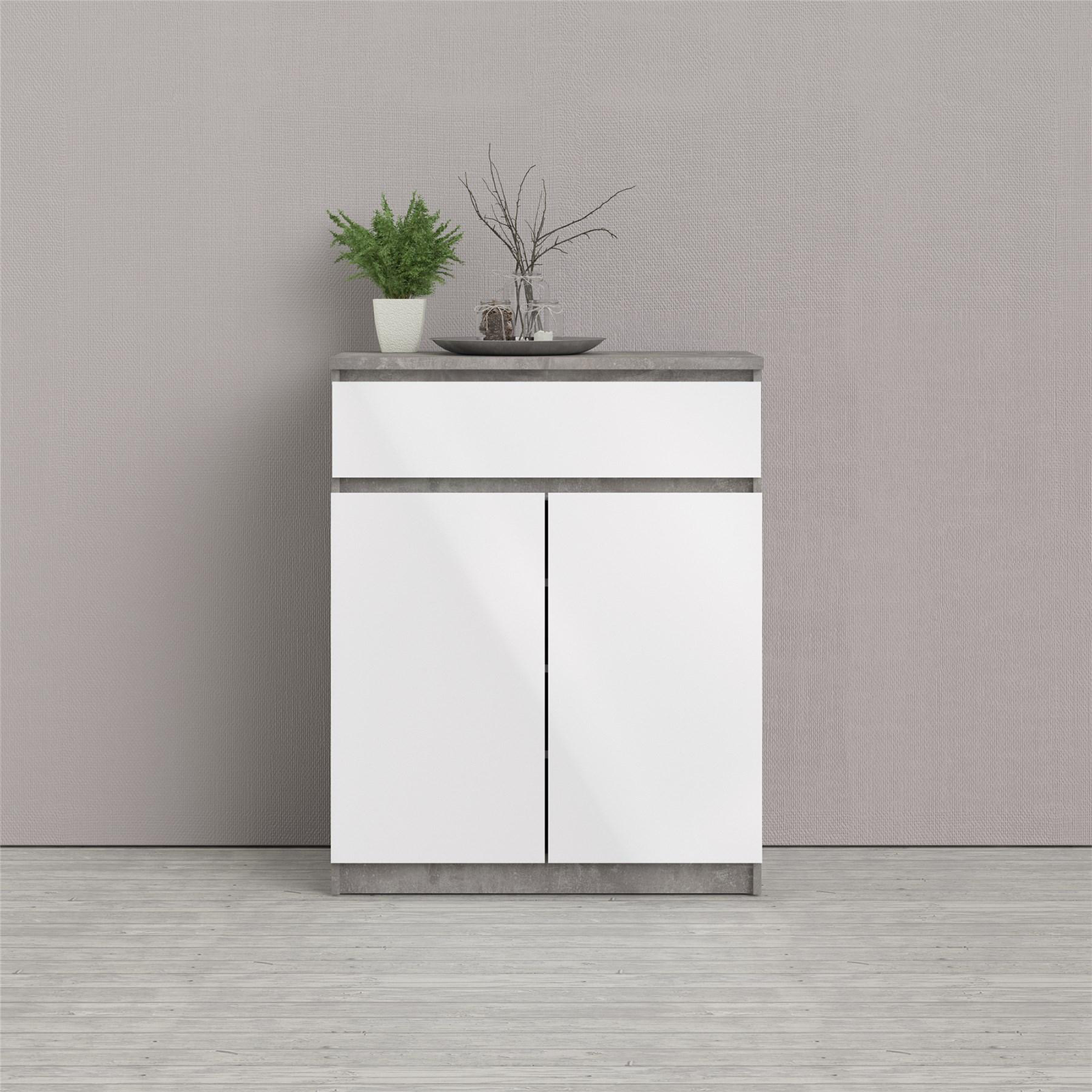 Madia credenza a buffet in legno "Naia" mobile cassettiera bianco e cemento