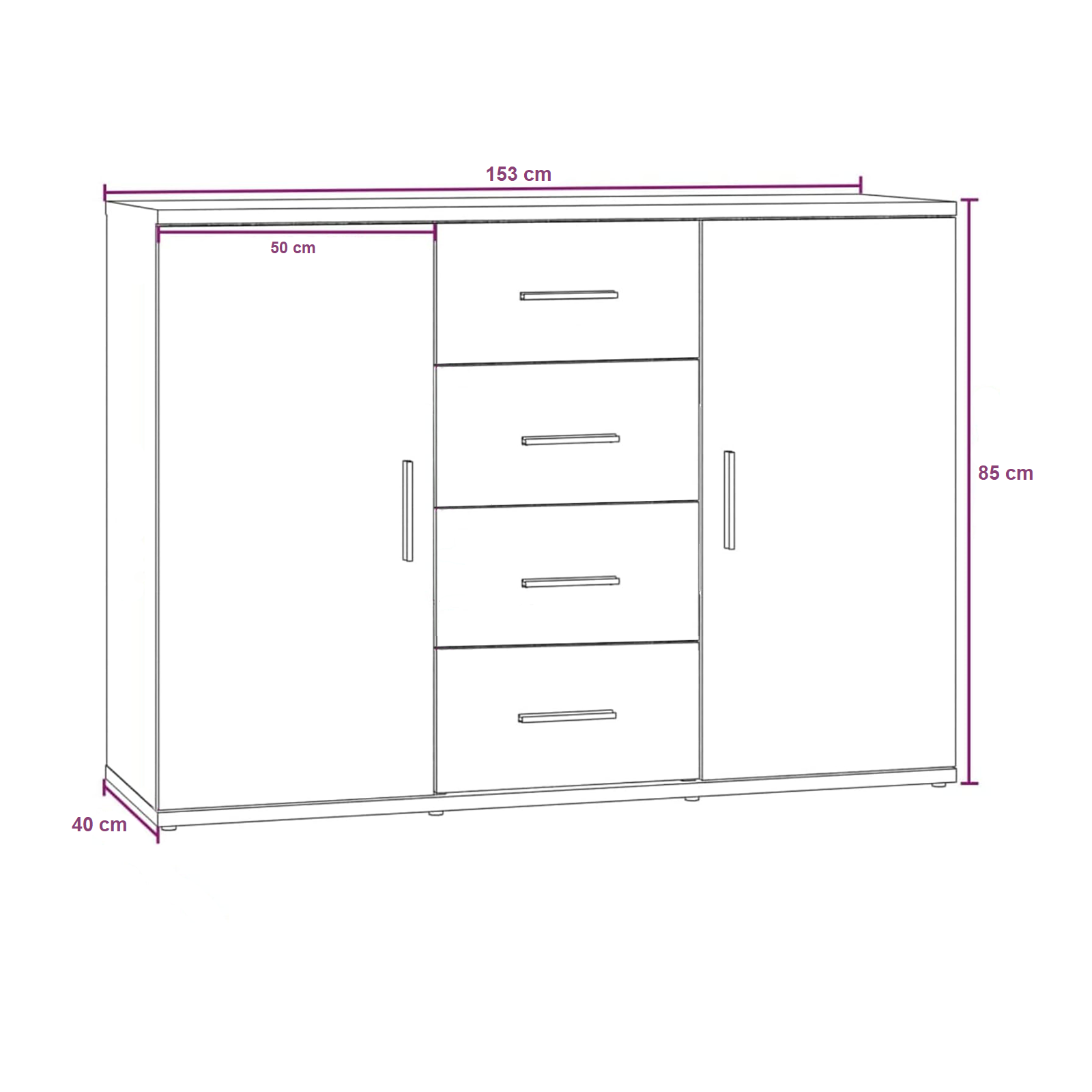 Madia da ingresso in legno bianco "CH4298" a 2 ante con 4 cassetti cm 153x40 85h
