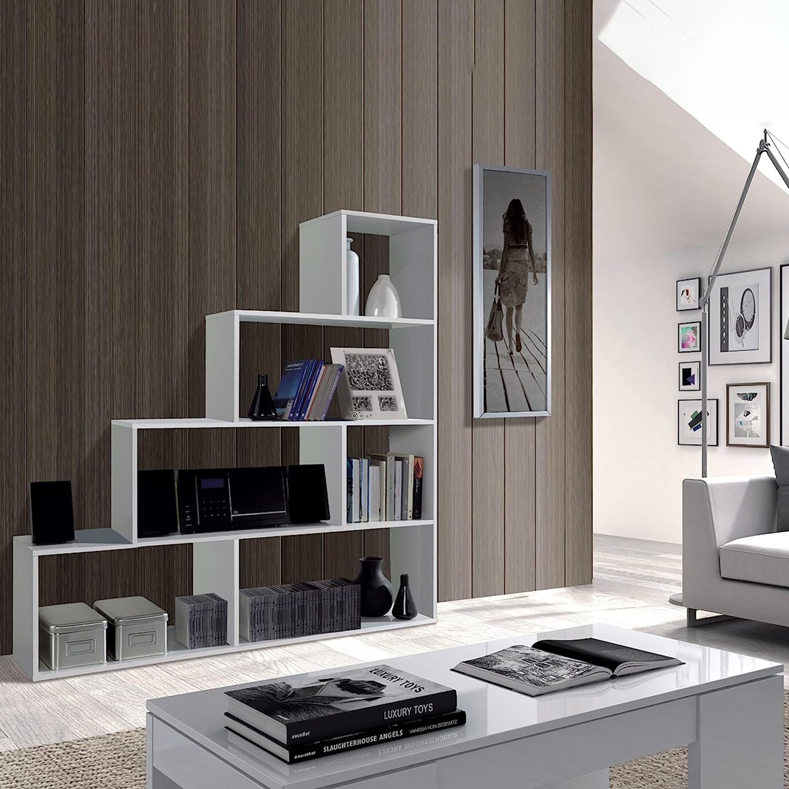 Bibliothèque moderne canadienne Klum avec 6 étagères pour salon 145x29 cm 145h