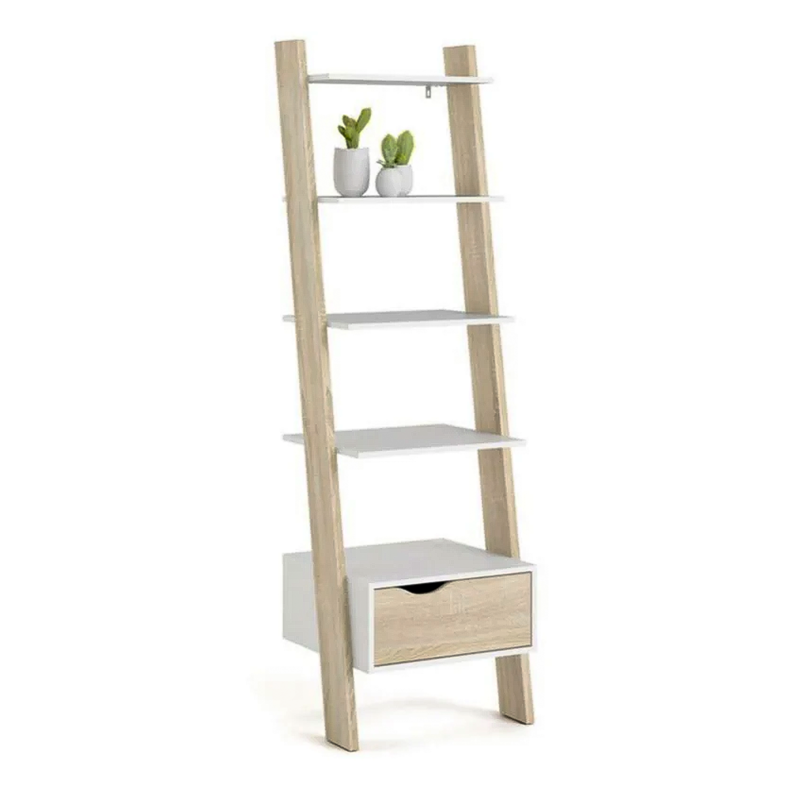 Librería Oslo con 4 estantes y 1 cajón moderno roble blanco 55x44 cm 180h