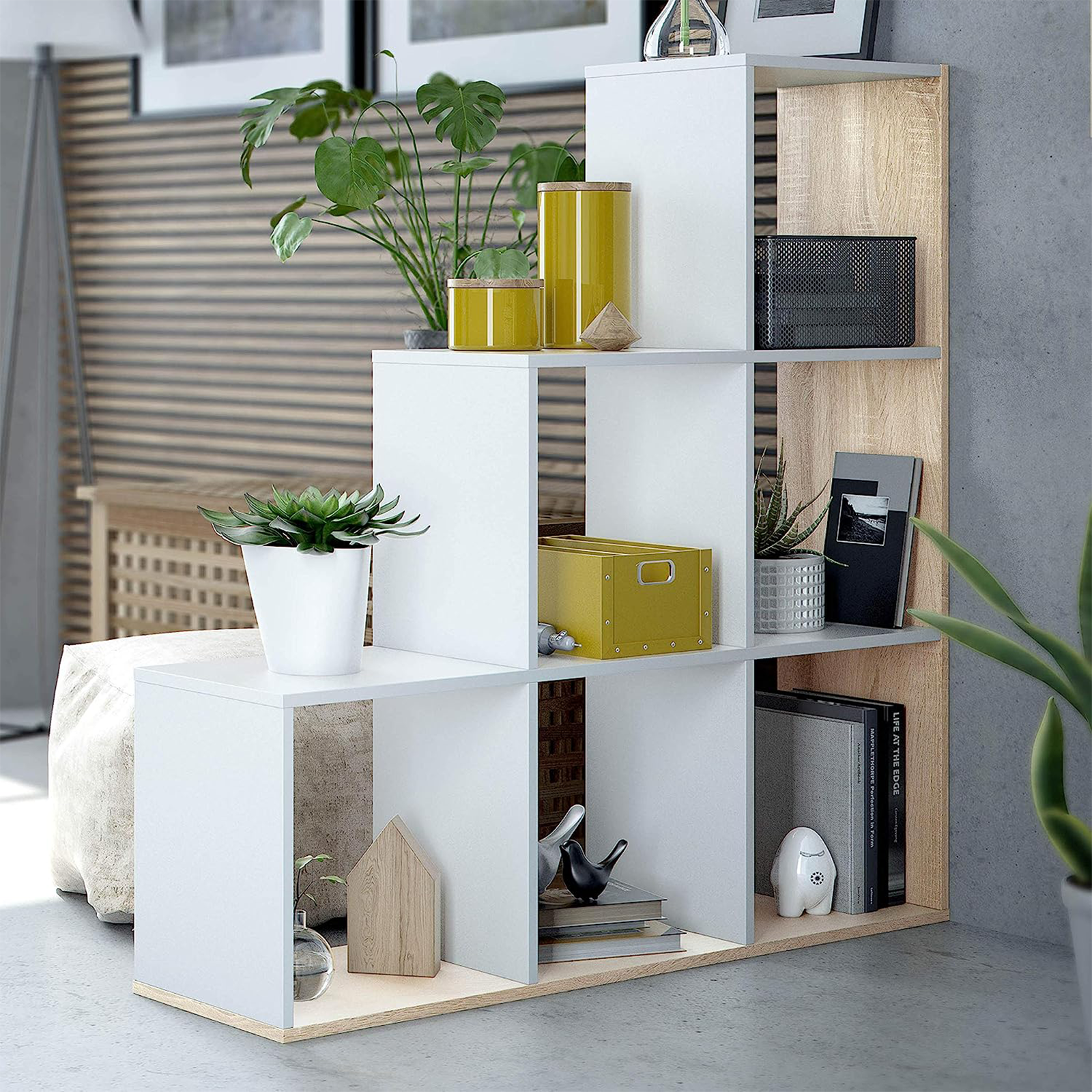 Librería abierta Box con 6 compartimentos blanco y roble en madera melamina 108x28 cm 110h