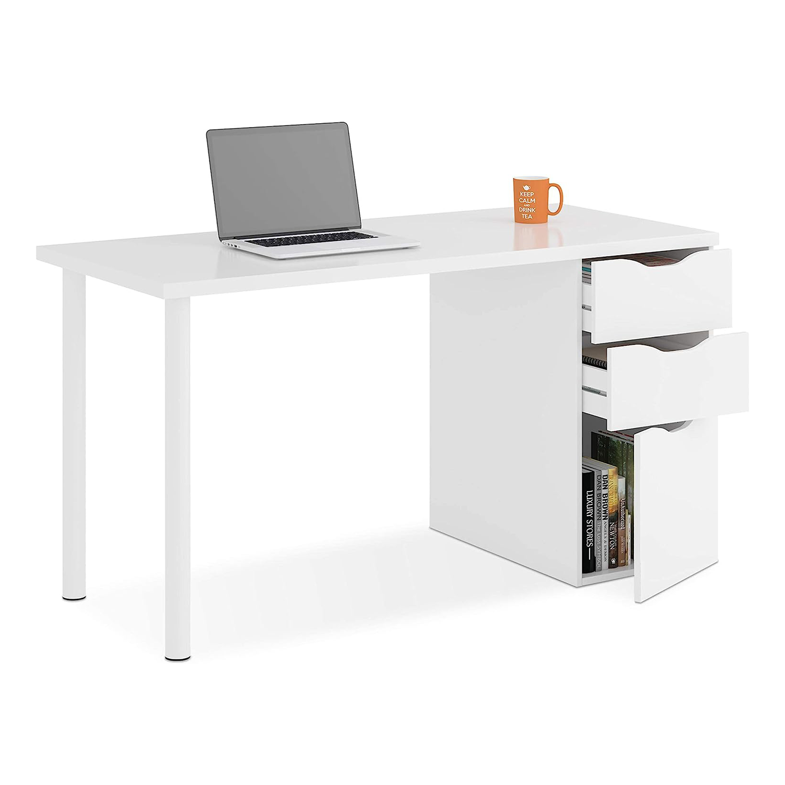 Bureau Athena en aggloméré blanc avec 3 tiroirs et pieds en métal 138x60 cm 74h