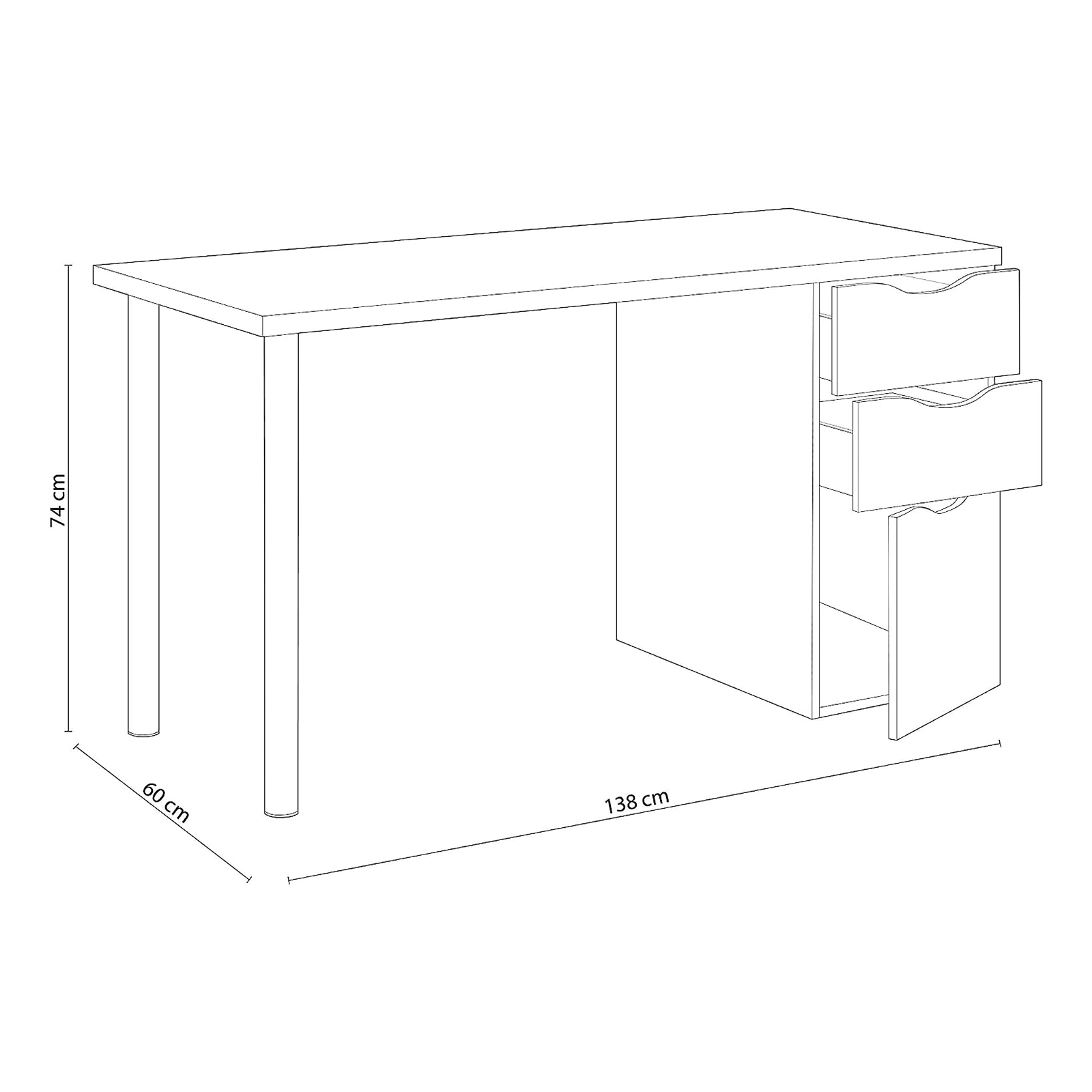 Bureau Athena en aggloméré blanc avec 3 tiroirs et pieds en métal 138x60 cm 74h