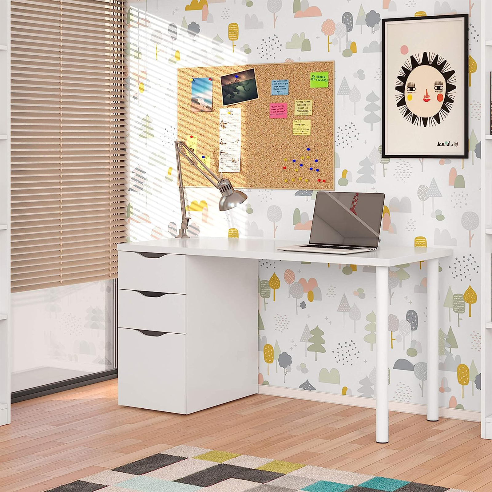 Bureau Athena en aggloméré blanc avec 3 tiroirs et pieds en métal 138x60 cm 74h