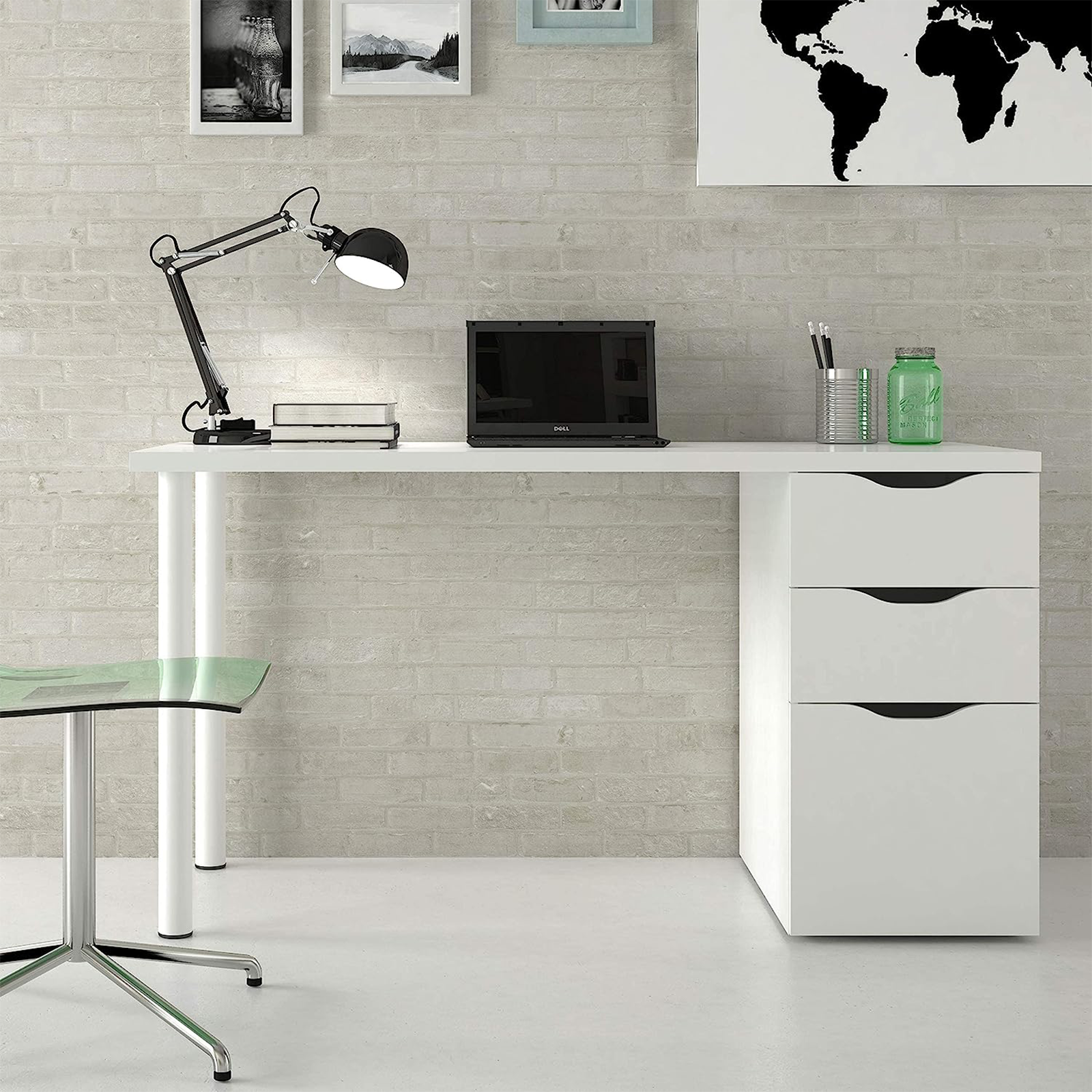 Bureau Athena en aggloméré blanc avec 3 tiroirs et pieds en métal 138x60 cm 74h