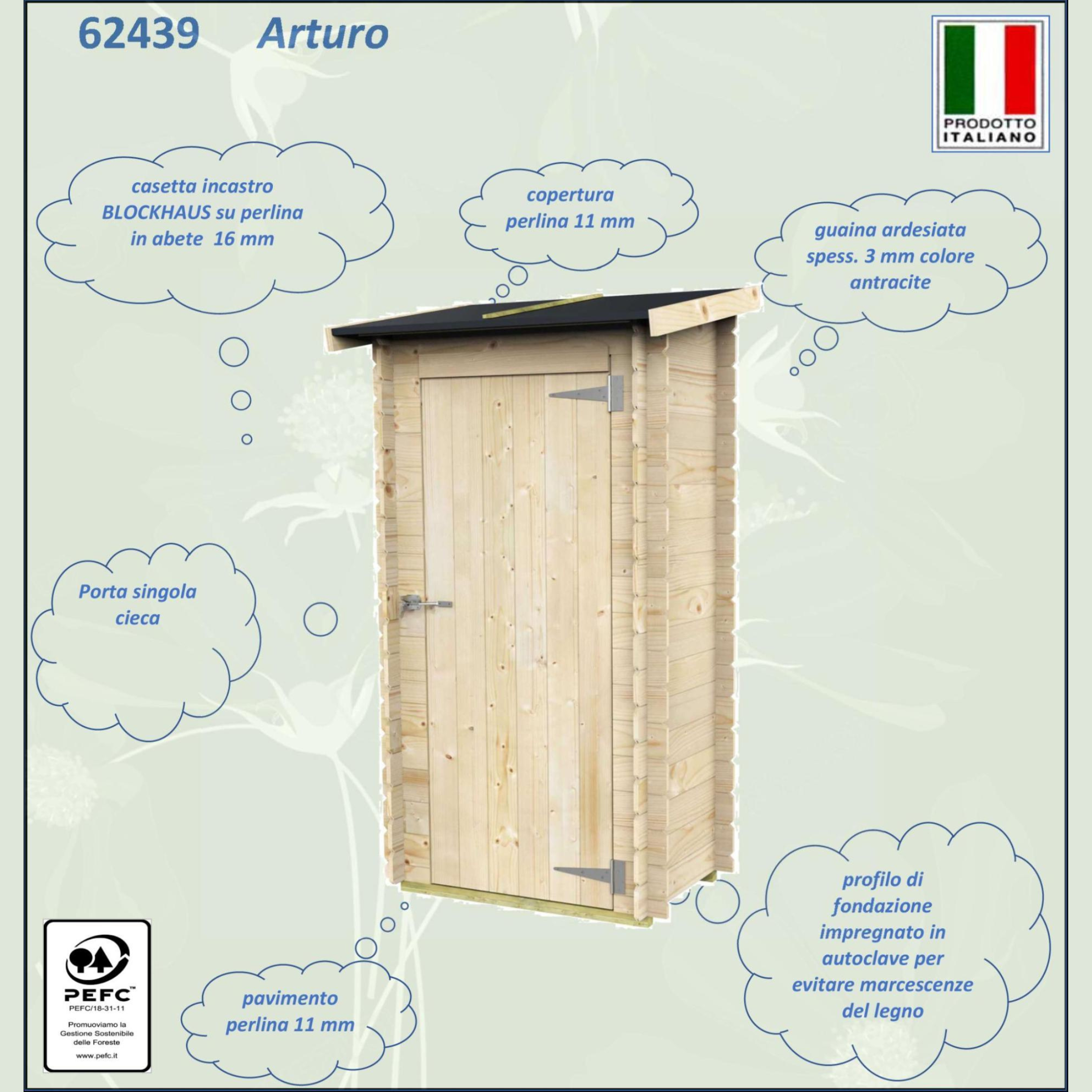 Casetta in legno da giardino "Arturo" porta singola a battente cm 98x64 188h