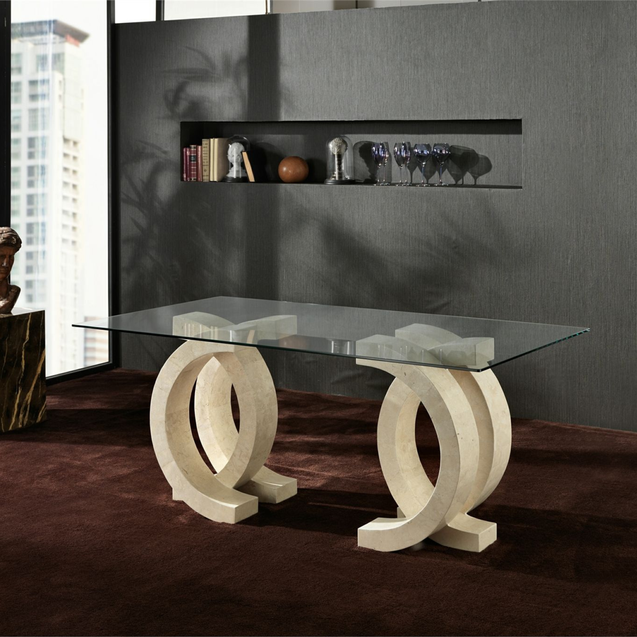 Tavolo da pranzo in pietra "Coco" top in vetro temperato cm 180x100 76h