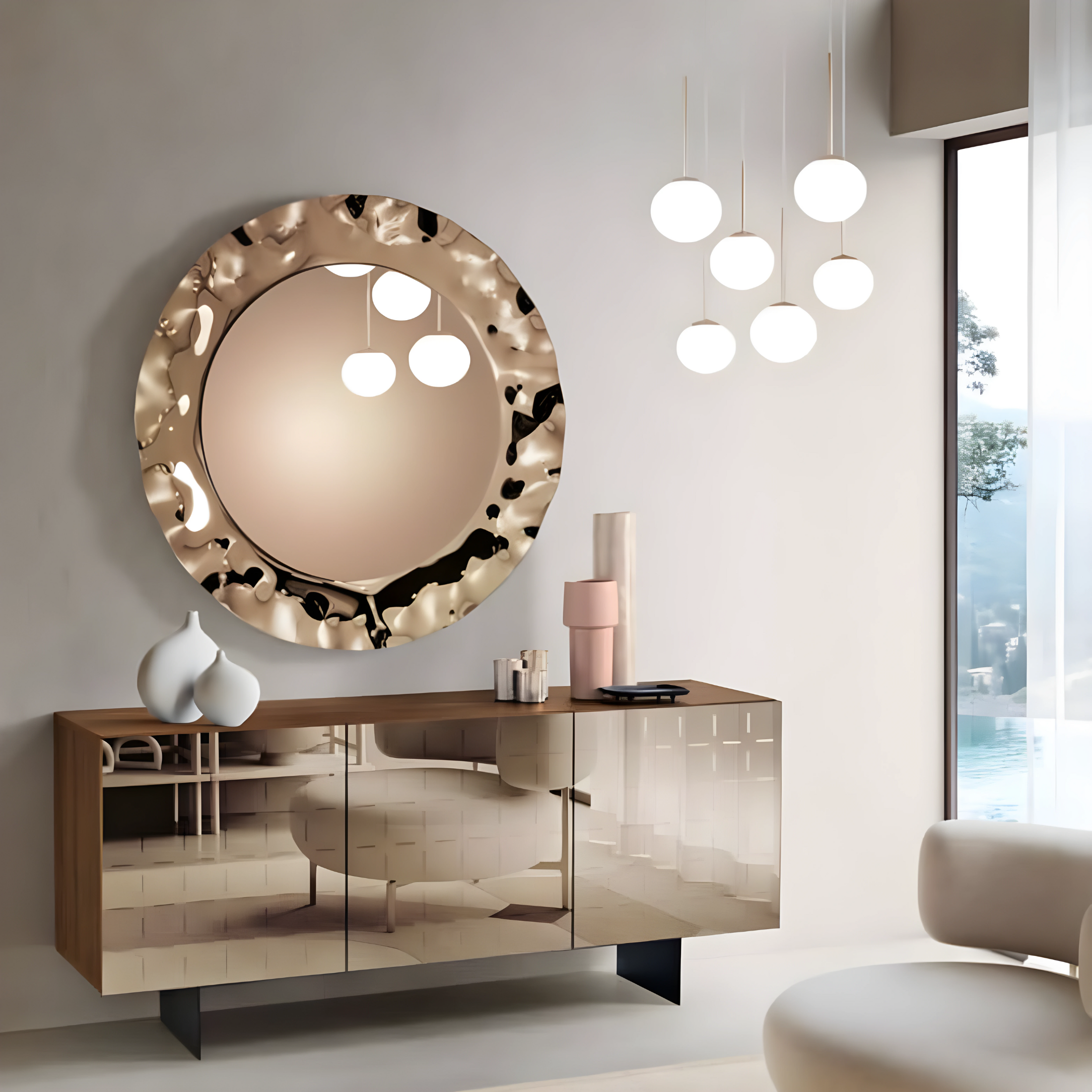 Buffet moderne 3 portes "Cassia" en mélaminé avec miroir 180x50 h80 cm