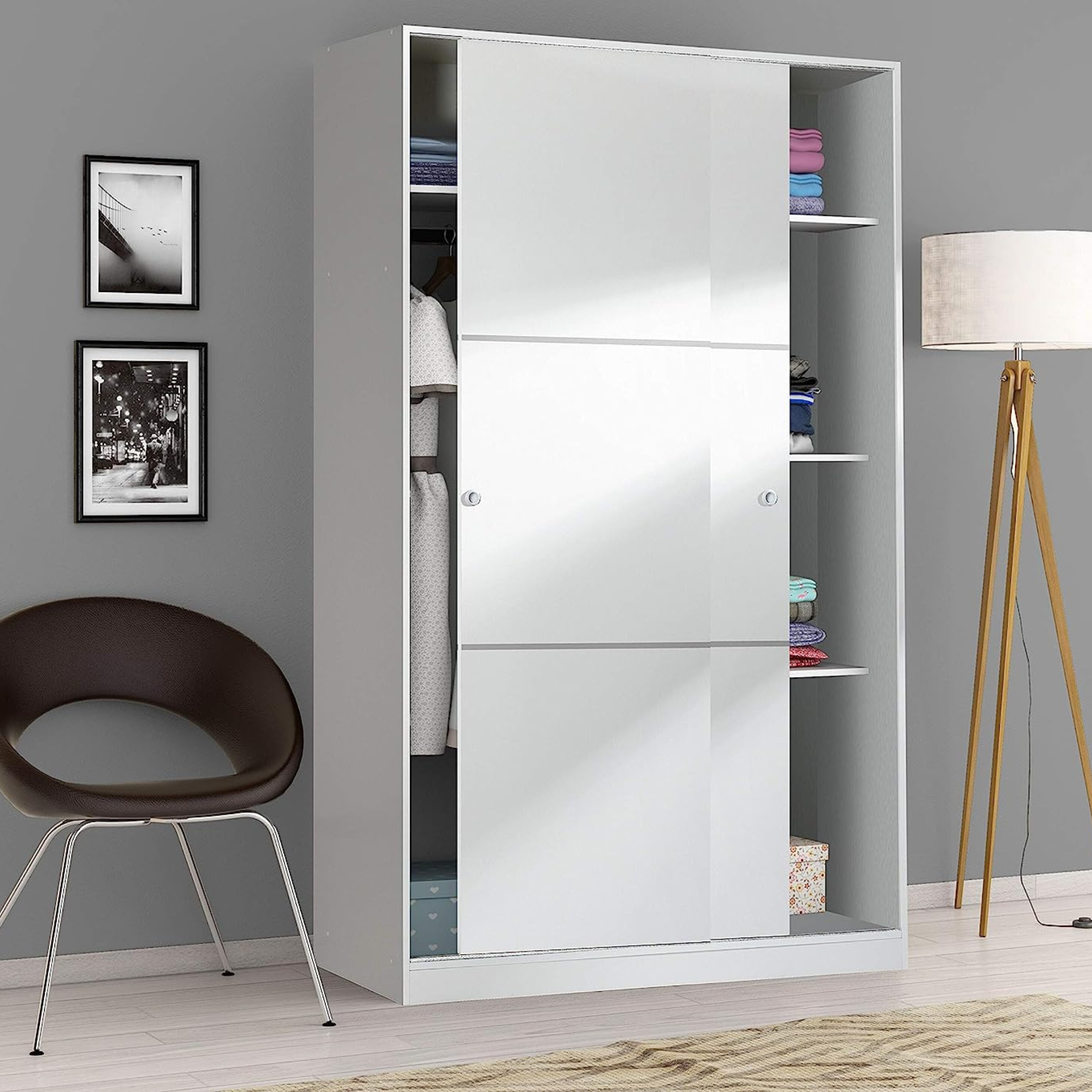 Armoire en bois blanc avec 2 portes coulissantes et 3 étagères 120x50 cm 200h