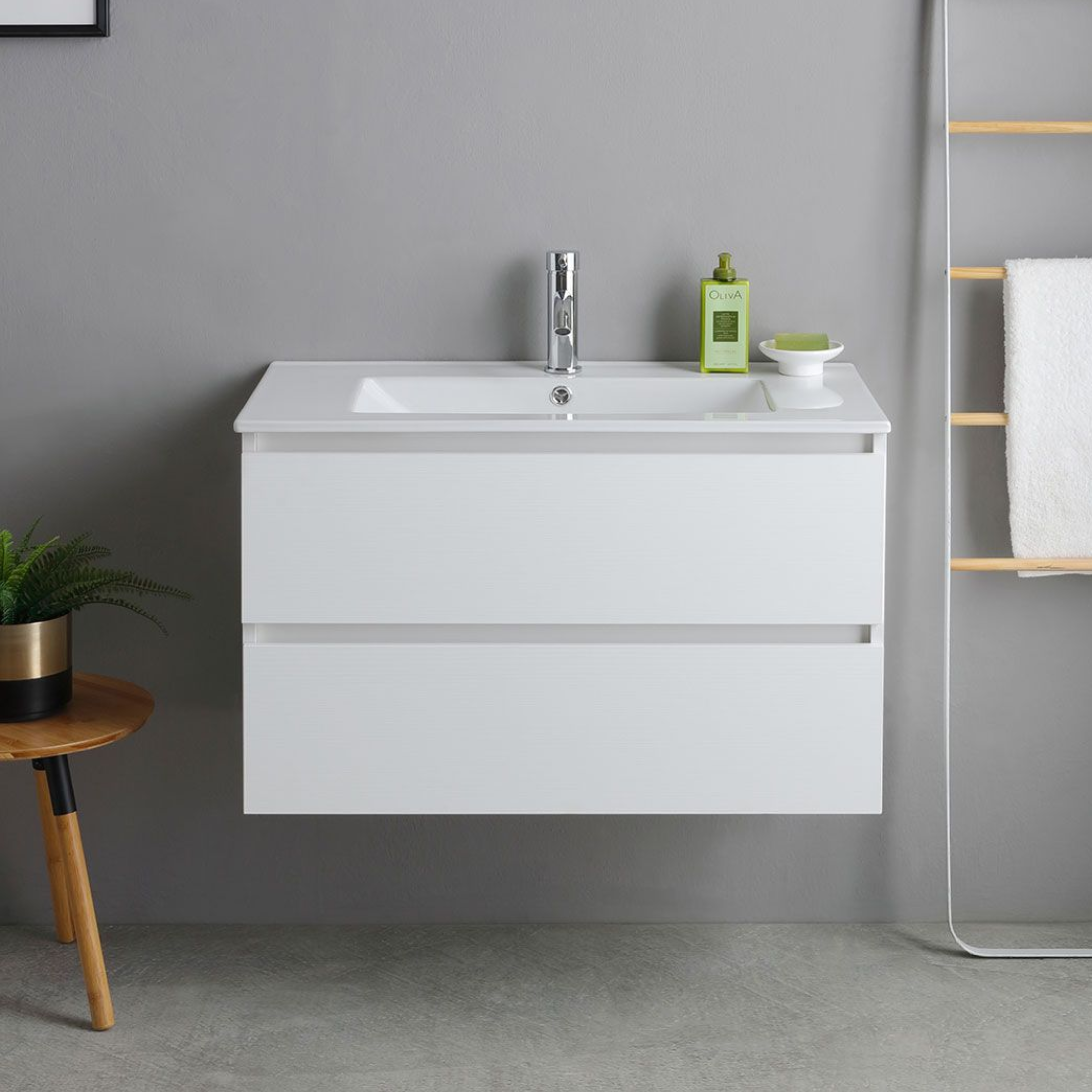 Mobile bagno bianco "Havana" 80 cm sospeso 2 cassetti base con lavabo integrato in ceramica
