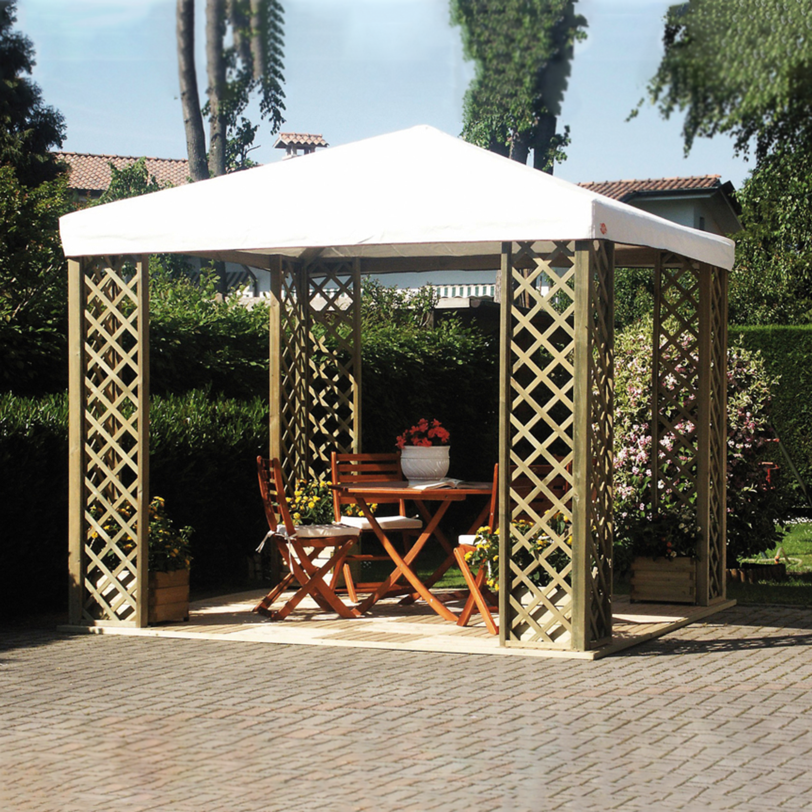 Gazebo en bois de sapin "Renard" recouvert de feuille PVC blanc 3x3 m 2,7h