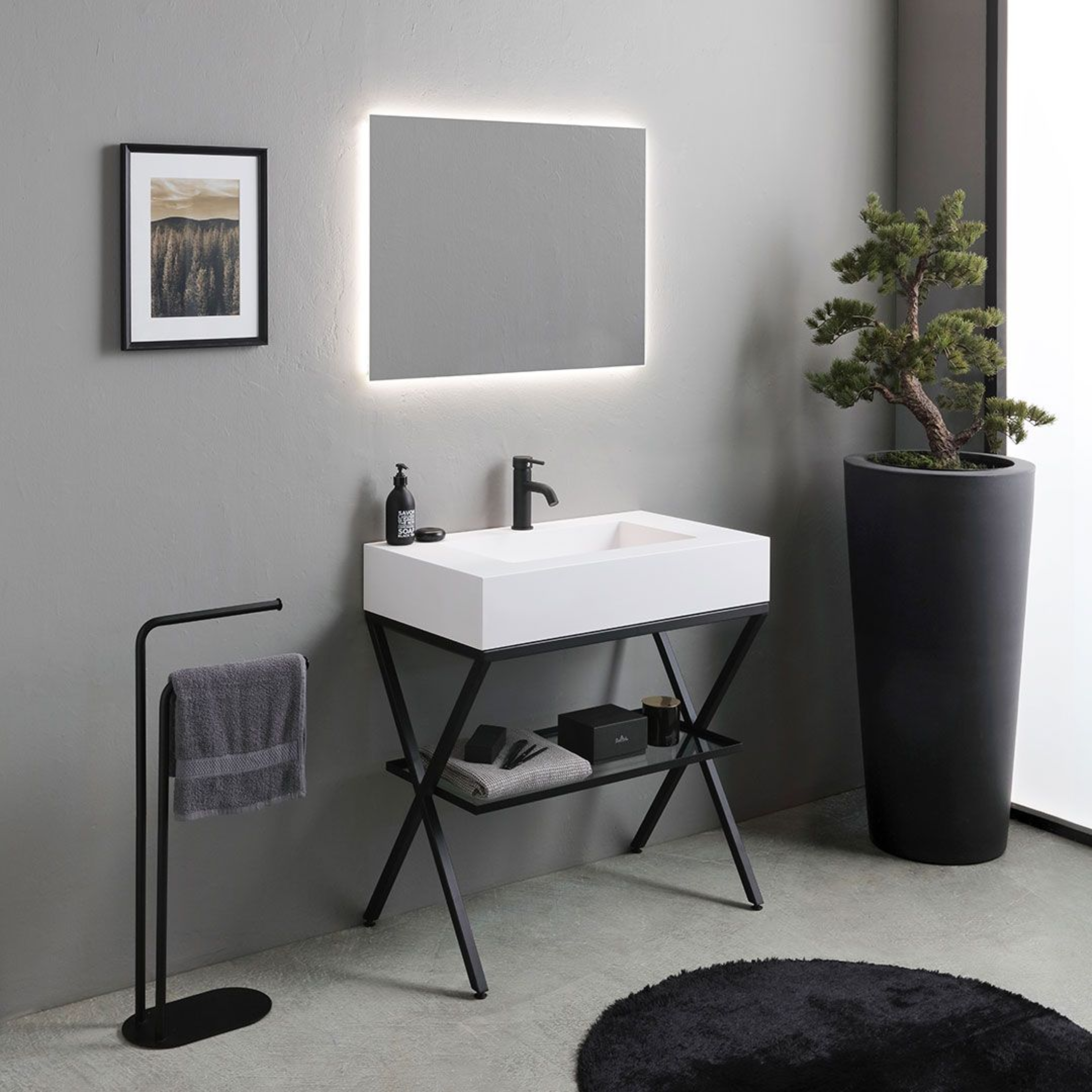 Mobile bagno a terra "Cartagena white" con specchio LED e mensola in vetro 80 cm