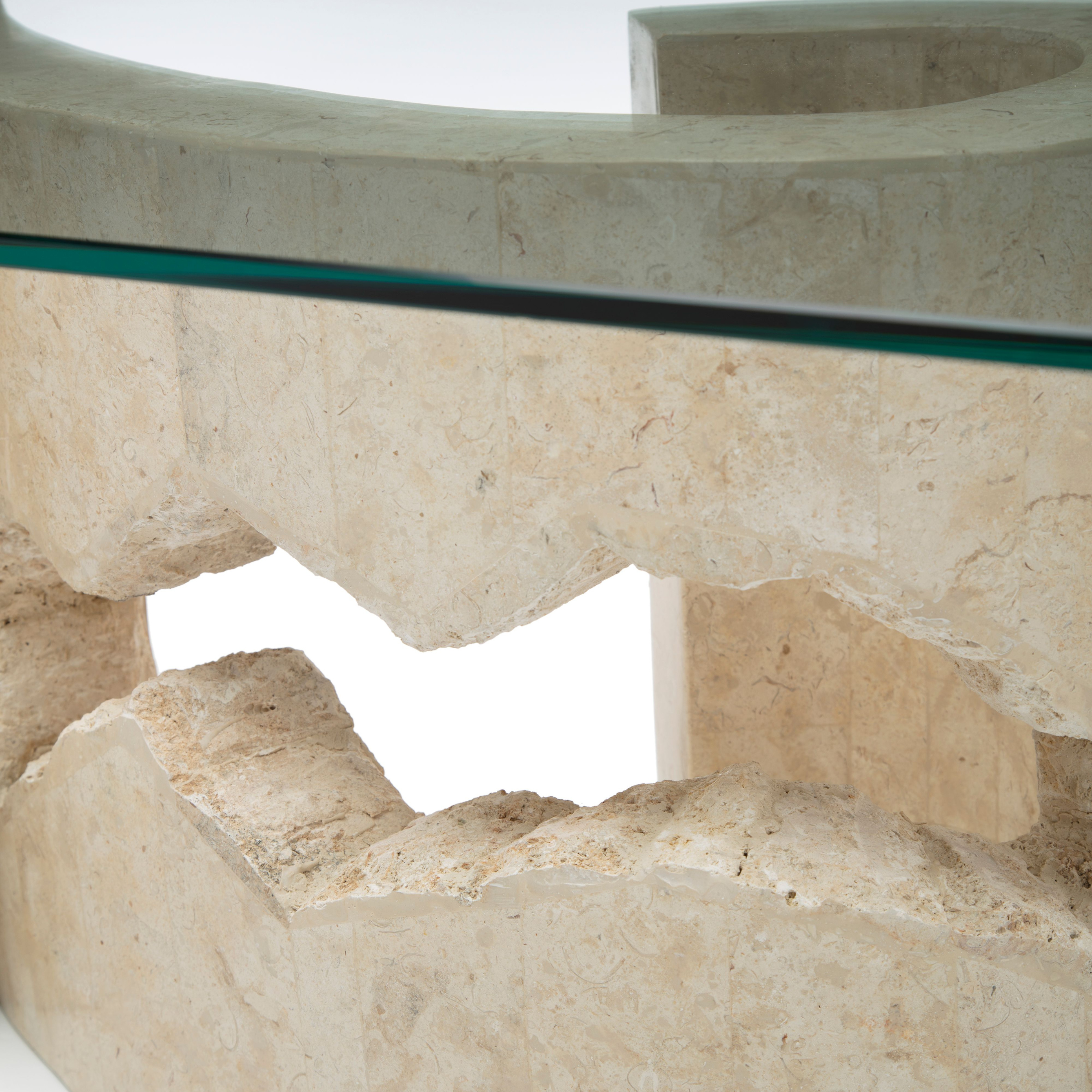 Mesita baja en piedra fósil "Fiocco" tapa de cristal templado 120x70 cm 37h