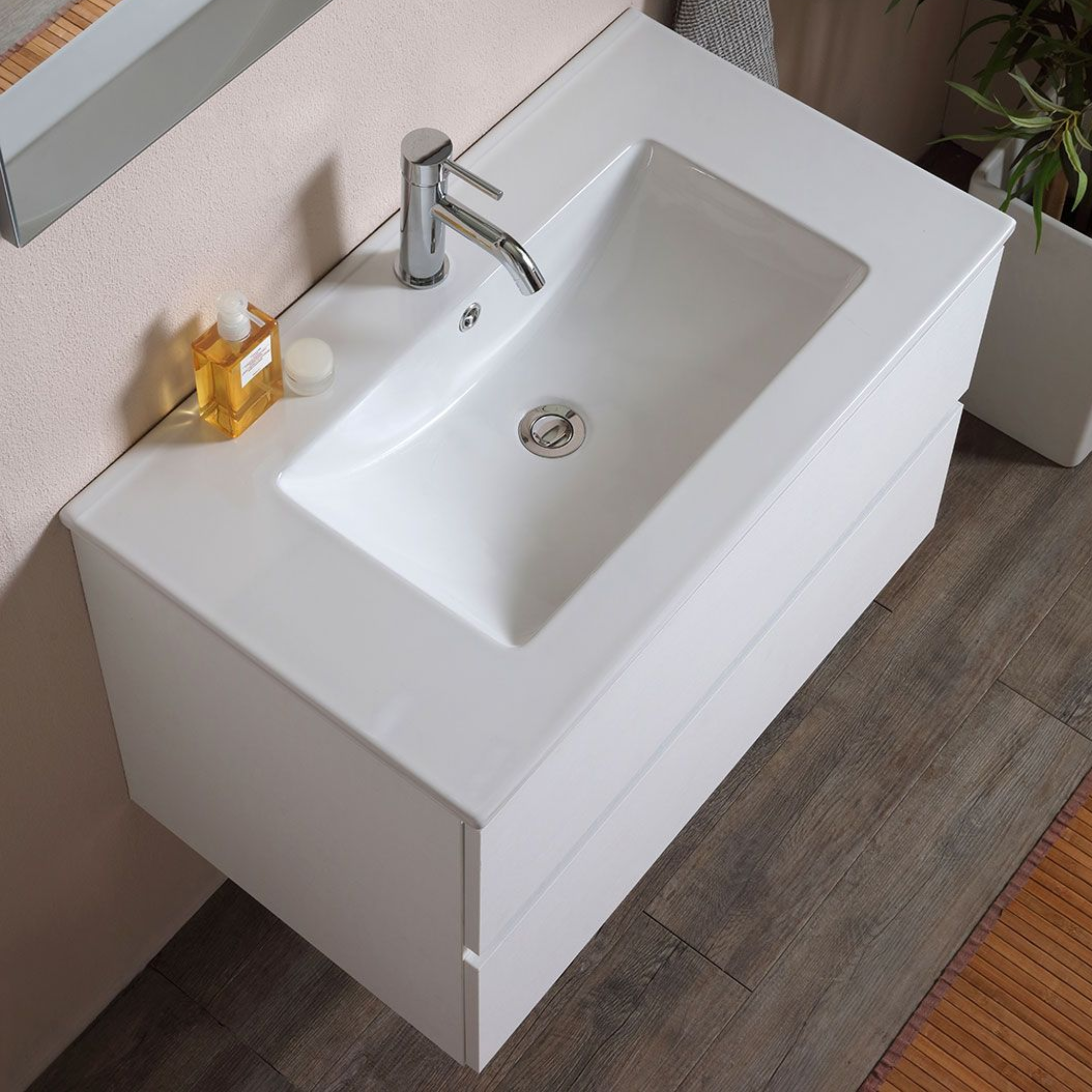 Mobile da bagno bianco "Belize80" sospeso con due cassetti e lavabo in ceramica