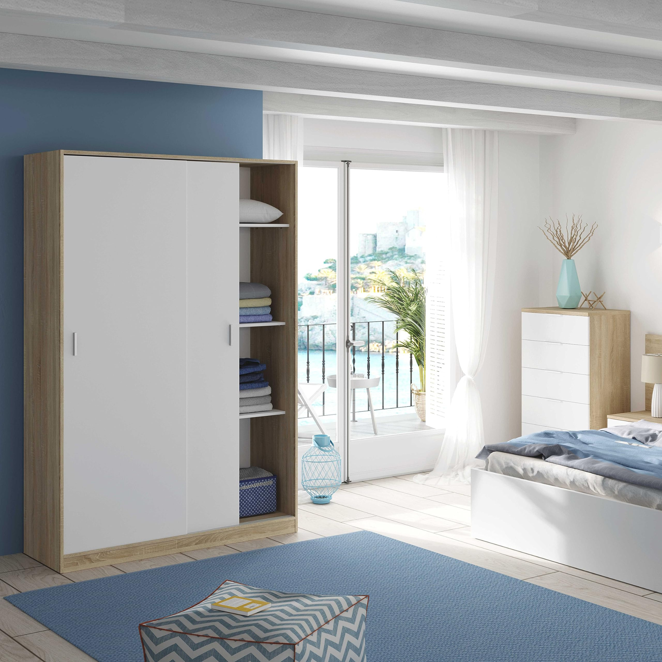 Armoire en bois avec portes coulissantes, cintre et étagères 120x50 cm 200h