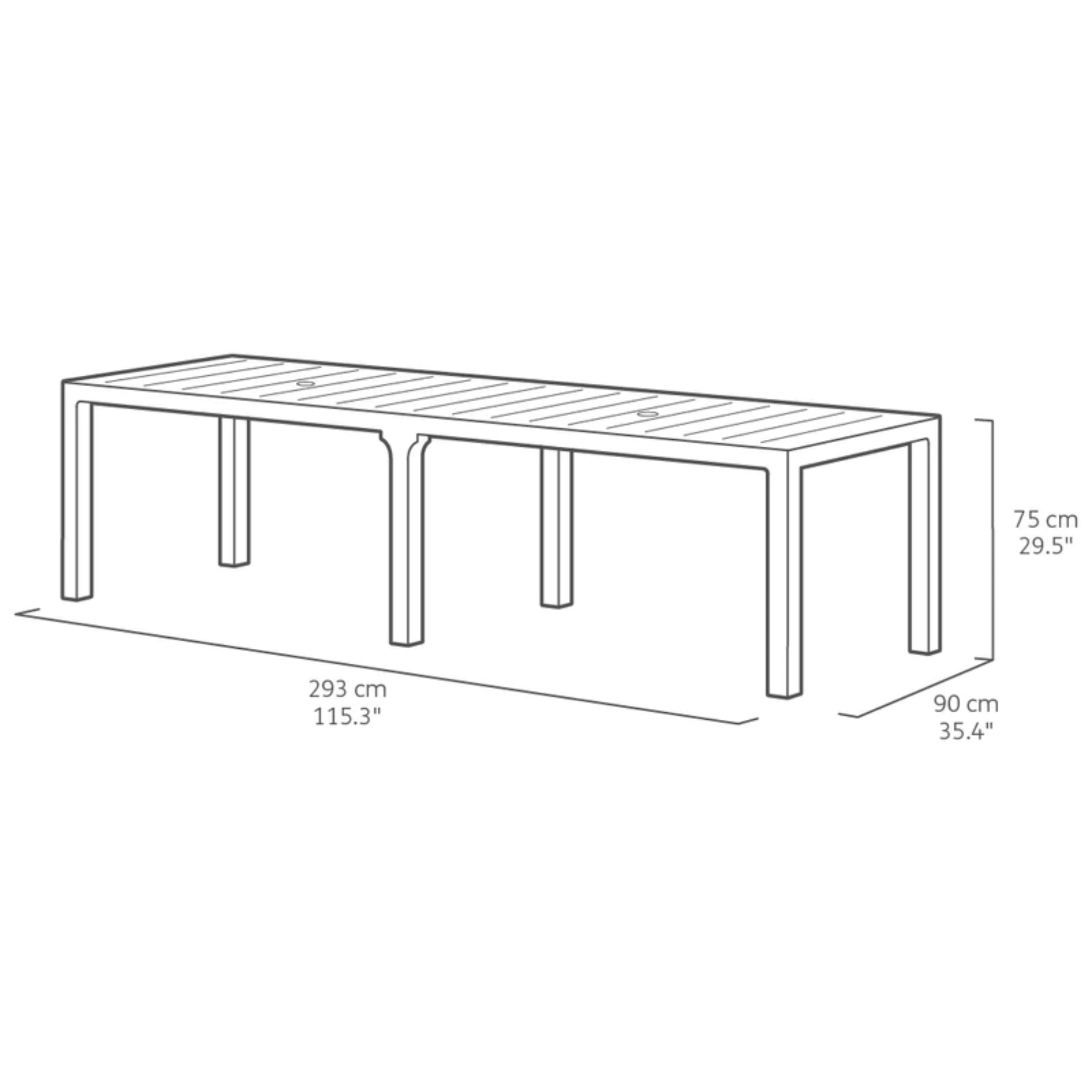 Table d'extérieur "Julie" à lattes carrées et rectangulaires en résine pour jardin 295x90 cm 74,5h
