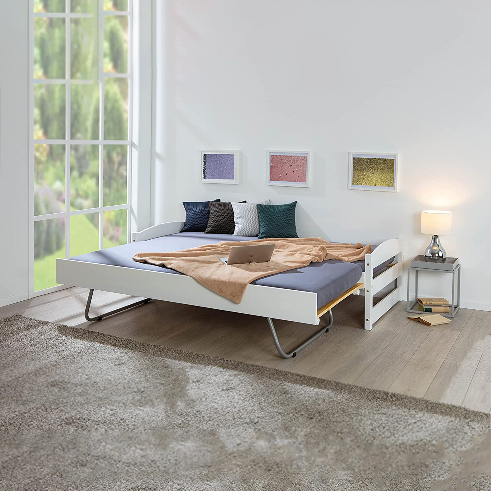 Letto doppio estraibile a scomparsa 3 funzioni in legno bianco cm 209x97 62h