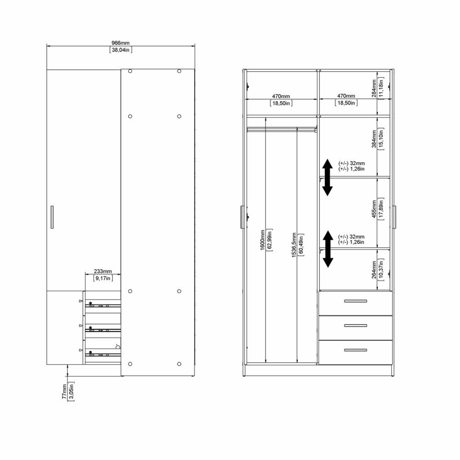 Armadio moderno con ante e 3 cassetti "Sprint" in legno bianco cm 200h
