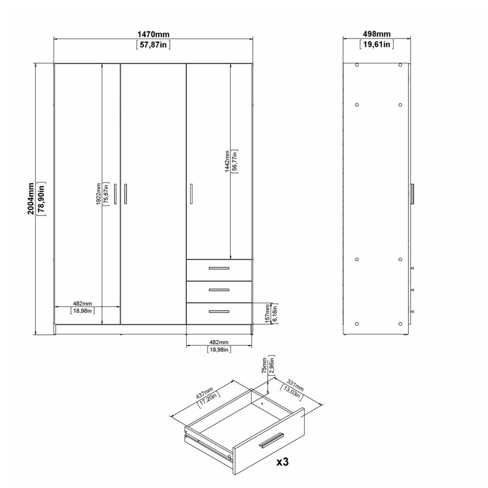 Armadio moderno con ante e 3 cassetti "Sprint" in legno bianco cm 200h