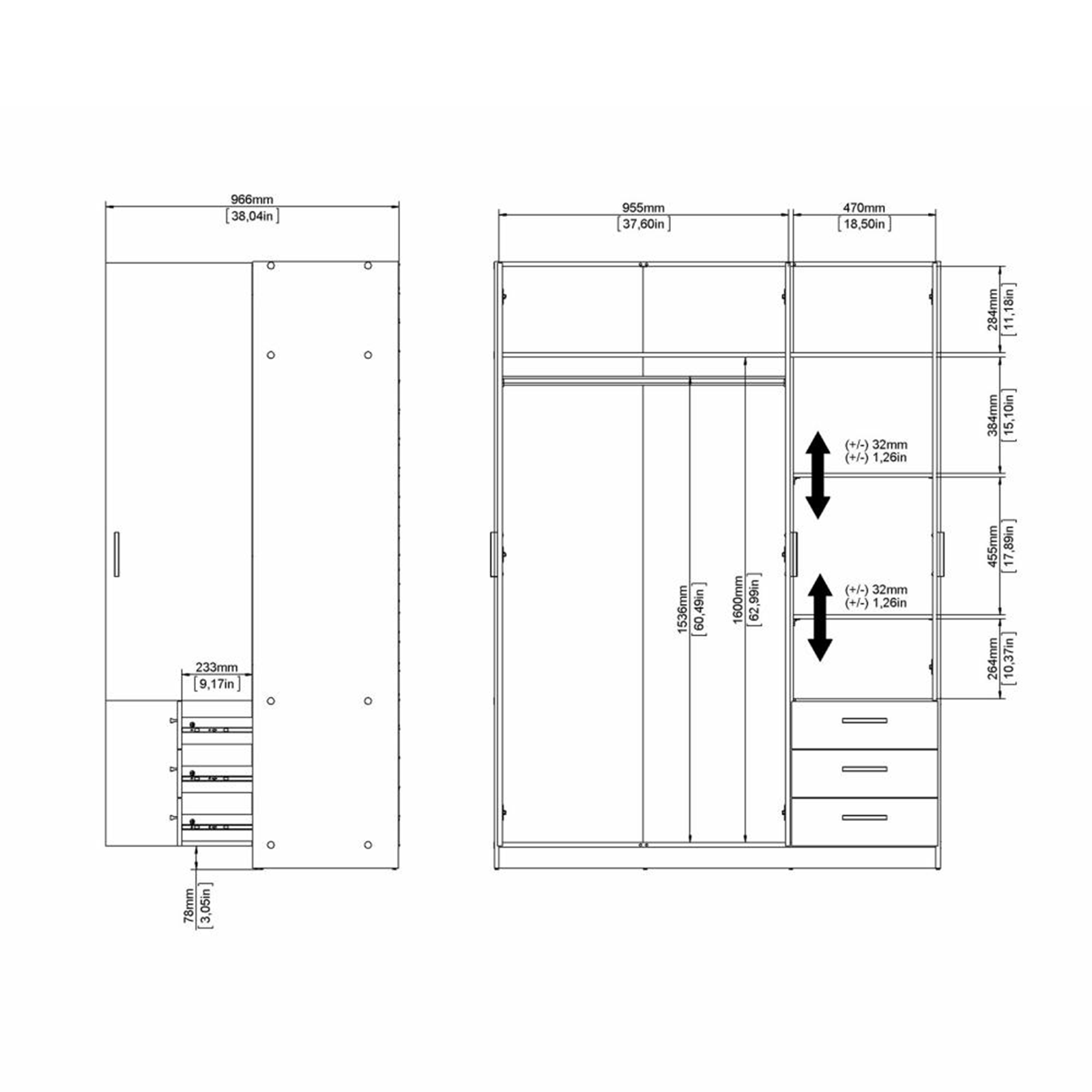 Armadio moderno con ante e 3 cassetti "Sprint" in legno bianco cm 200h