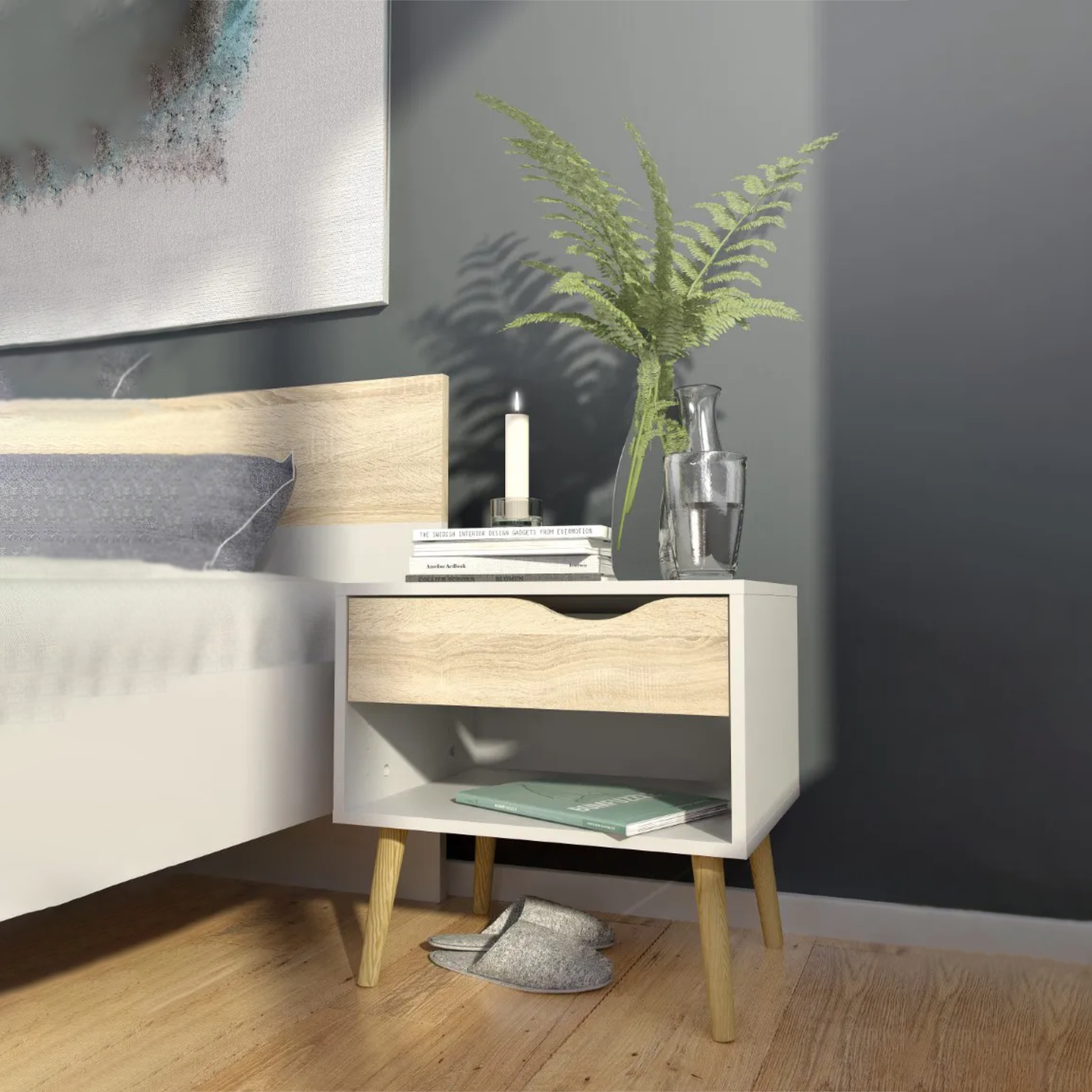 Comodino moderno in legno "Oslo" mobile da letto con 1 cassetto cm 50x39 50h