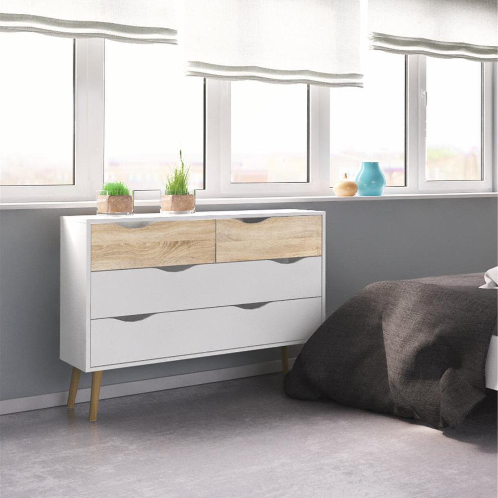 Cassettiera moderna per camera da letto "Oslo" in legno bianco e rovere