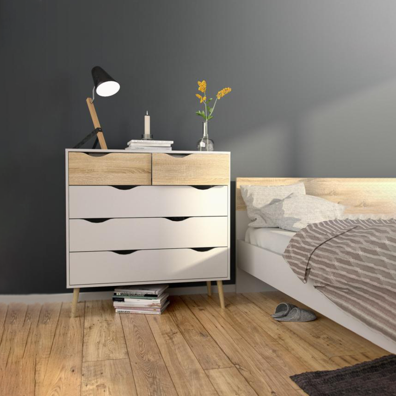Cassettiera moderna per camera da letto "Oslo" in legno bianco e rovere