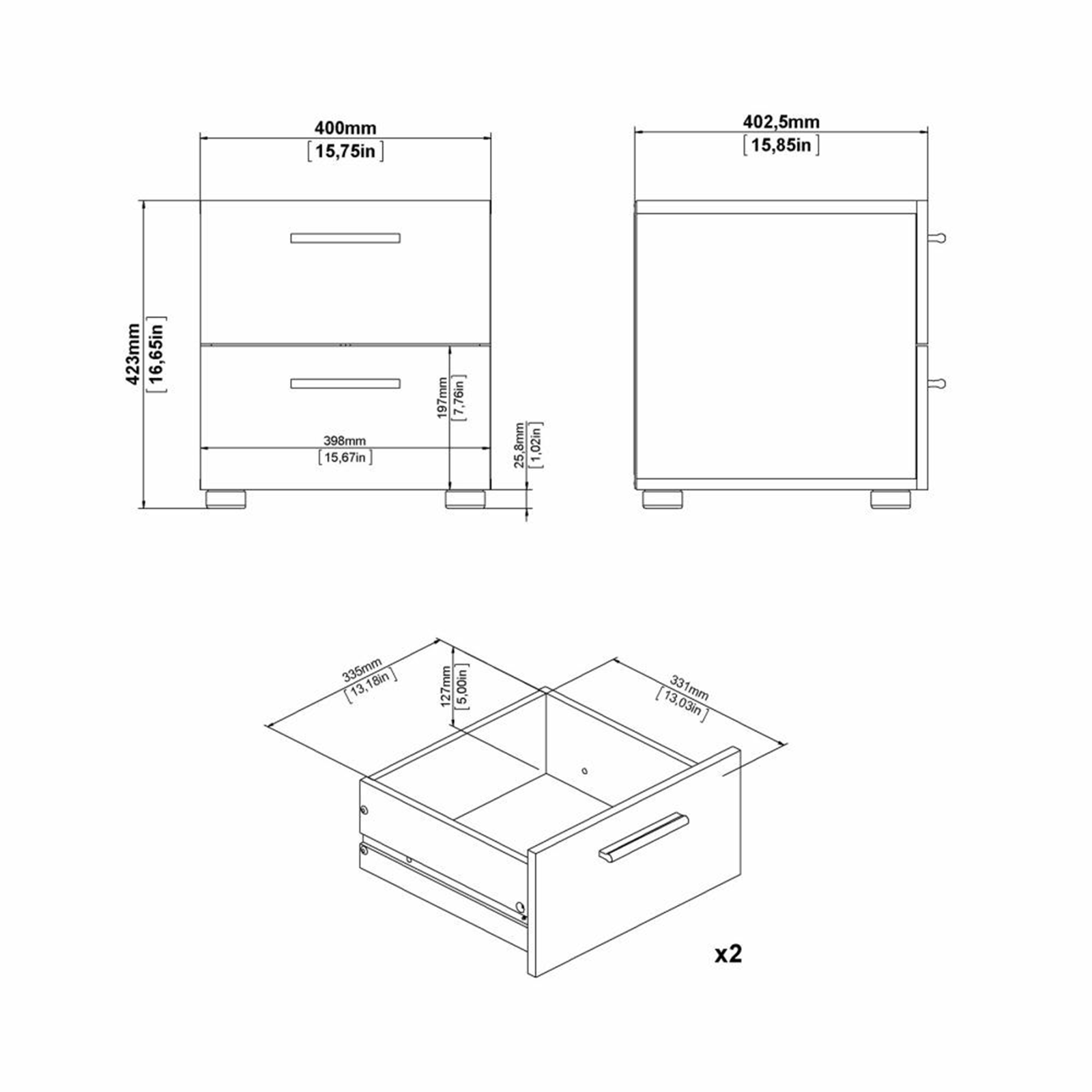 Comodino moderno in legno "Pepe" mobile da letto con 2 cassetti cm 40x40 42h
