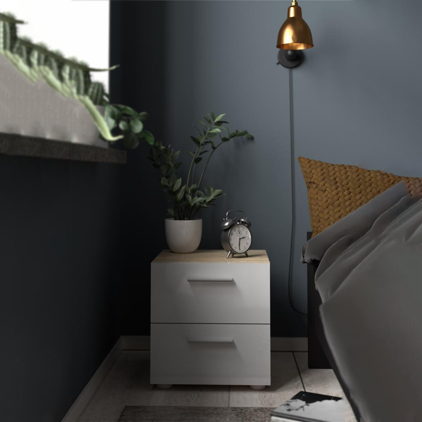 Comodino moderno in legno "Pepe" mobile da letto con 2 cassetti cm 40x40 42h