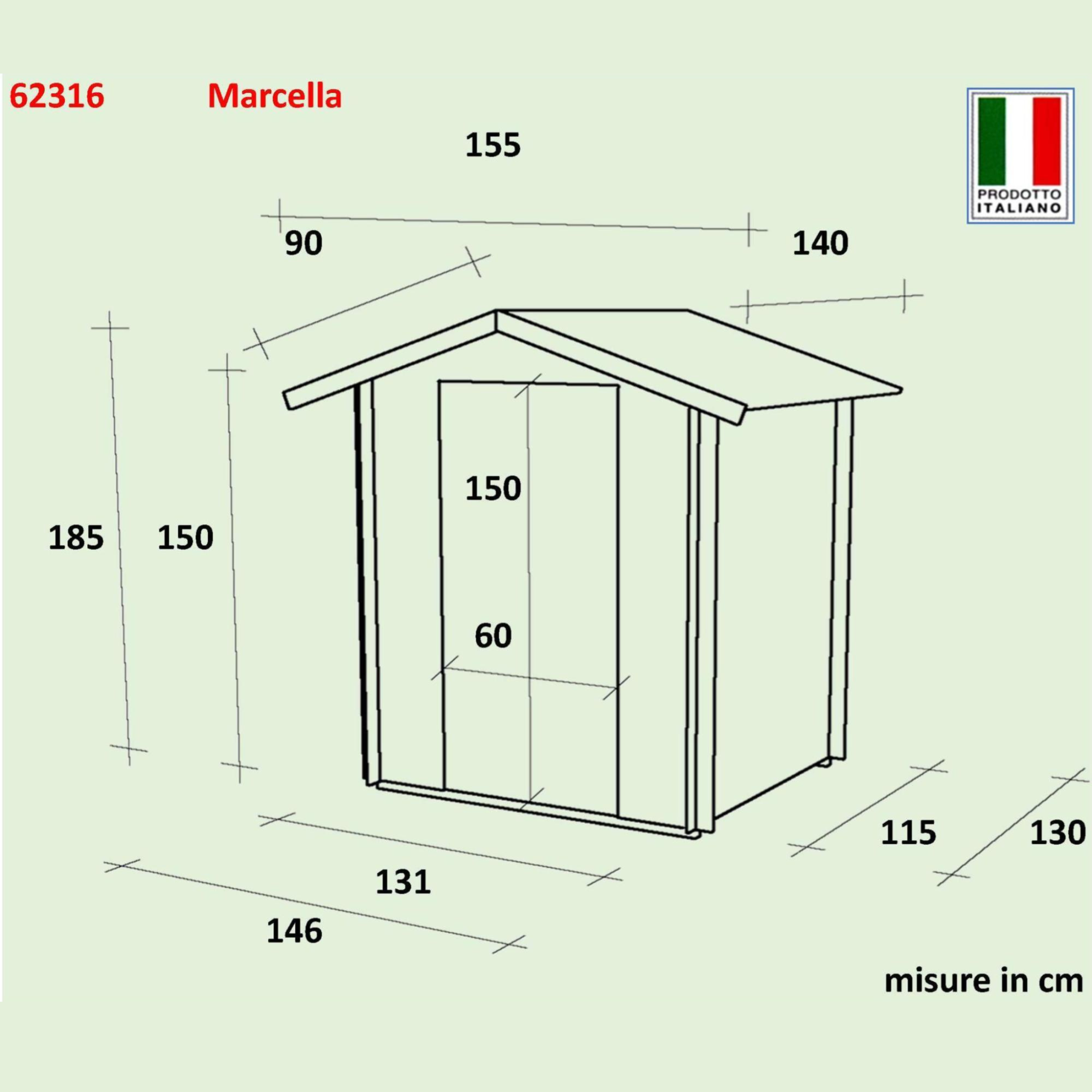 Caseta de jardín de madera "Marcella" puerta batiente simple ciega 146x130 cm 185h