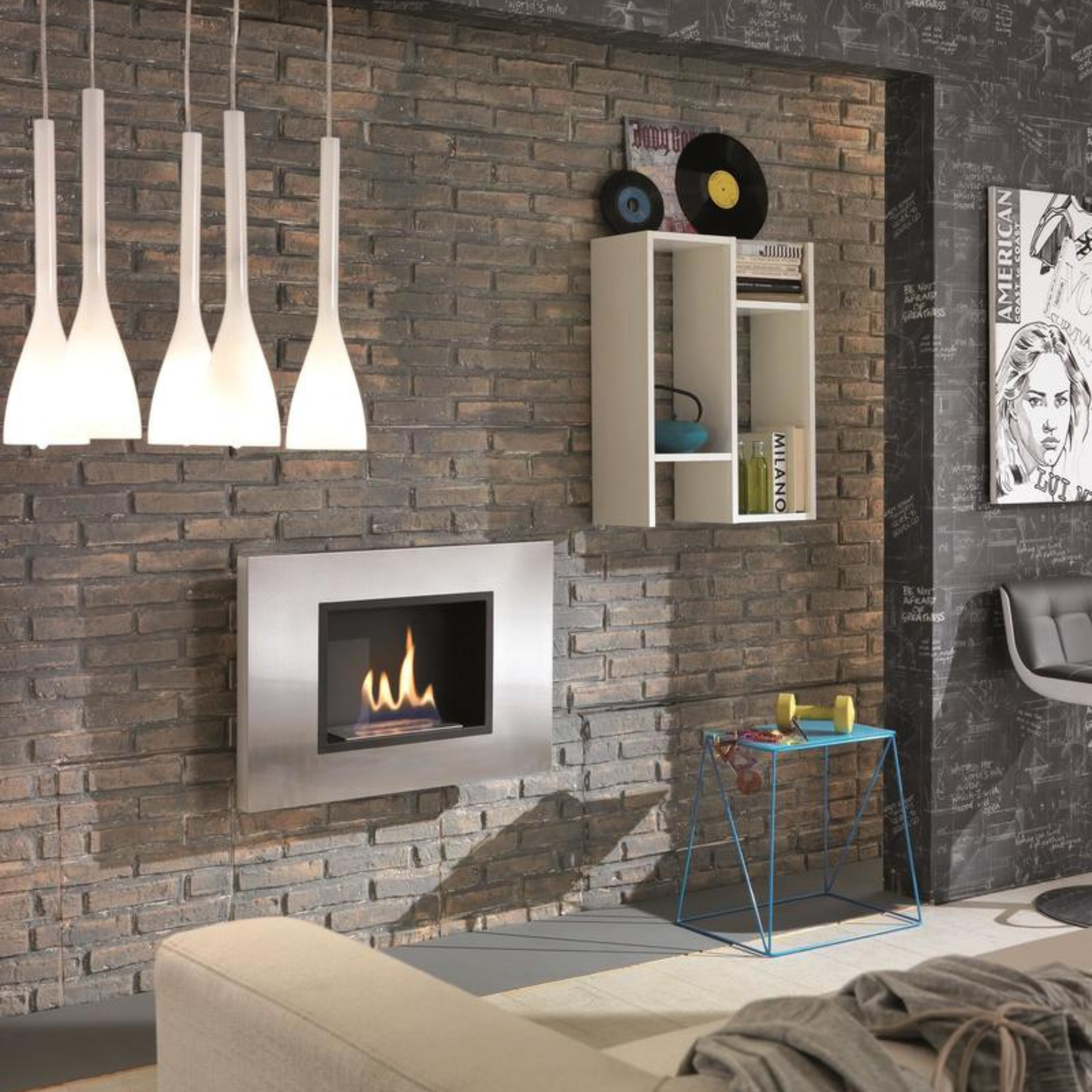 Chimenea de bioetanol de pared "Winter J" en acero satinado 78x17 cm 54h