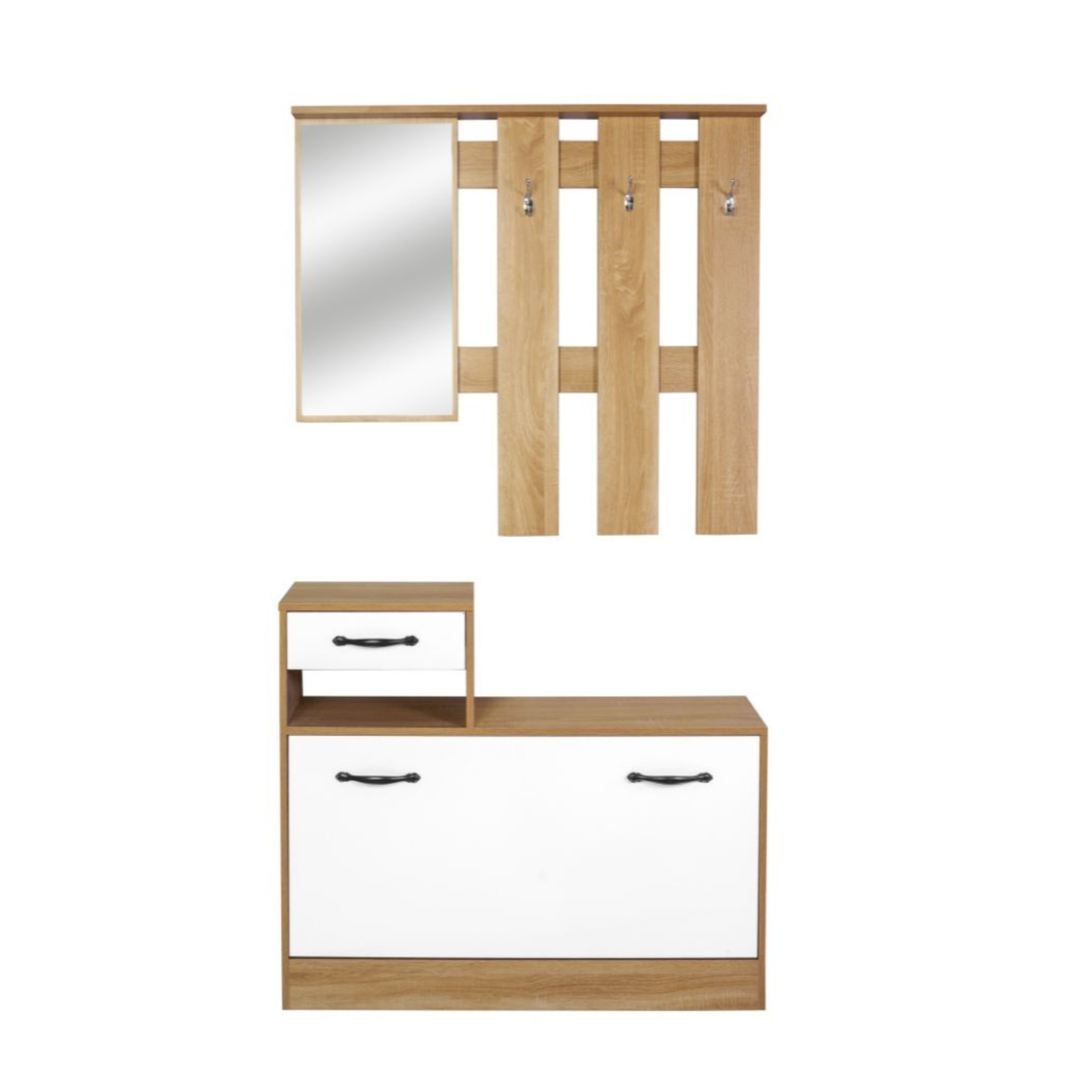 Scarpiera da ingresso in legno "Rudolf" con specchio e appendiabiti cm 100x26 180h