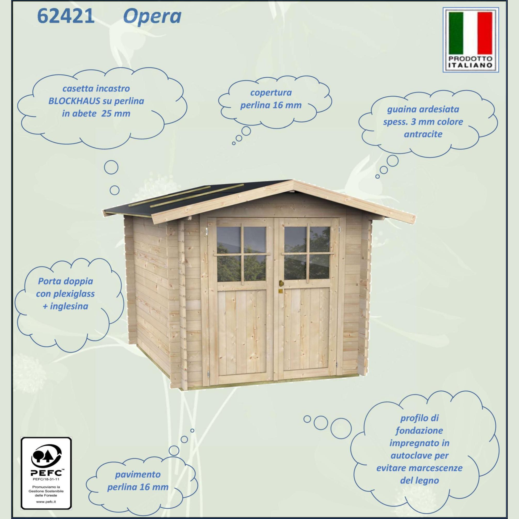 Casetta in legno da giardino "Opera" cm 215x180 207h porta doppia finestrata