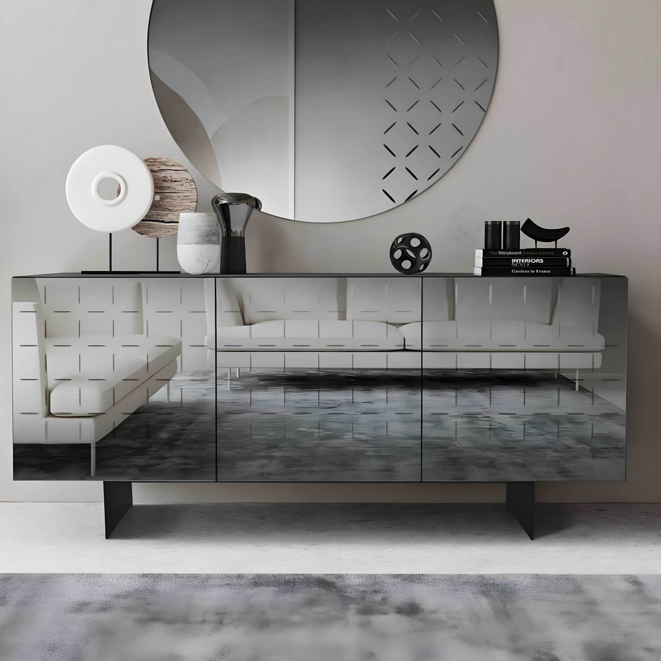 Buffet moderne 3 portes "Cassia" en mélaminé avec miroir 180x50 h80 cm