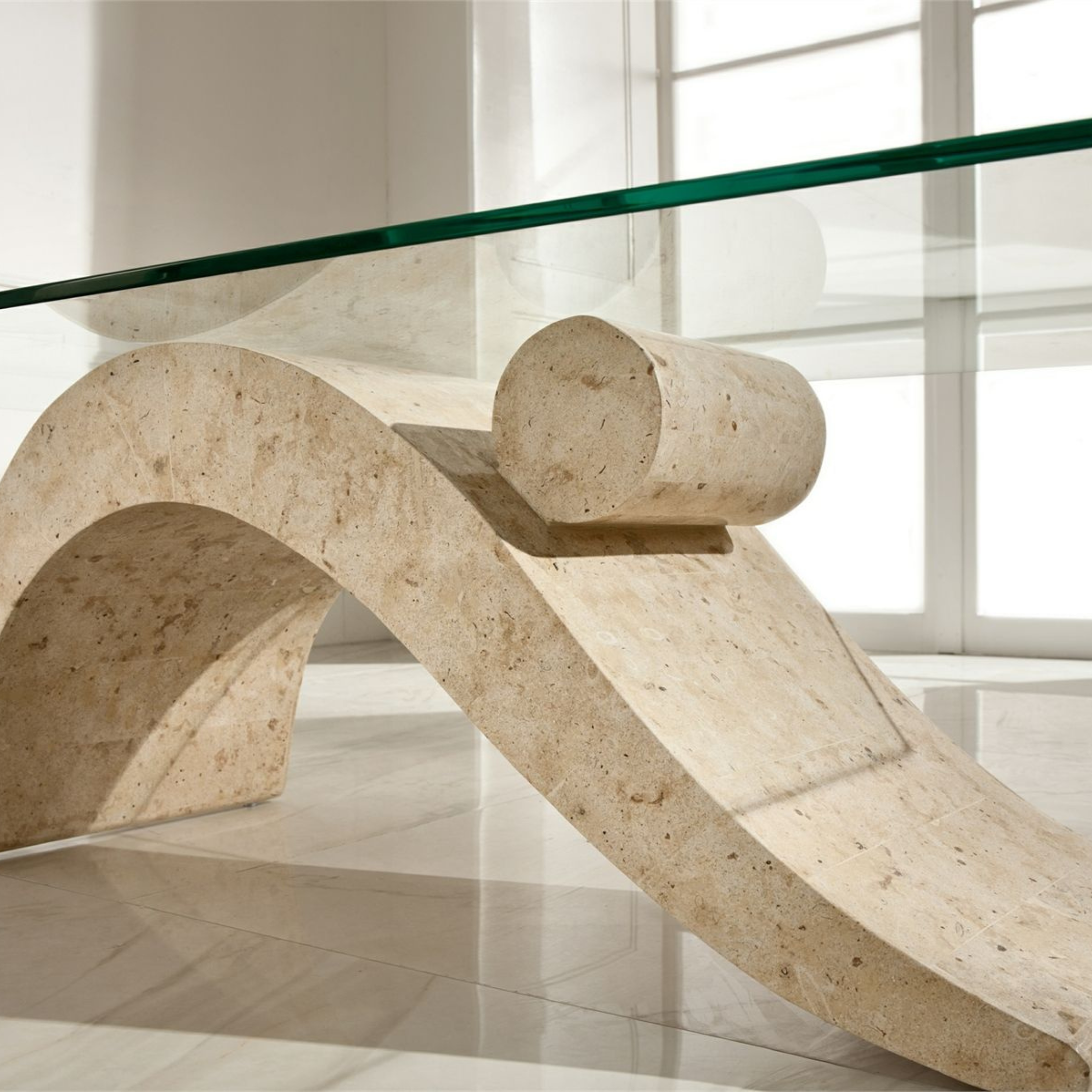 Mesita baja en piedra fósil "Paloma" tapa de cristal templado 120x70 cm 40h