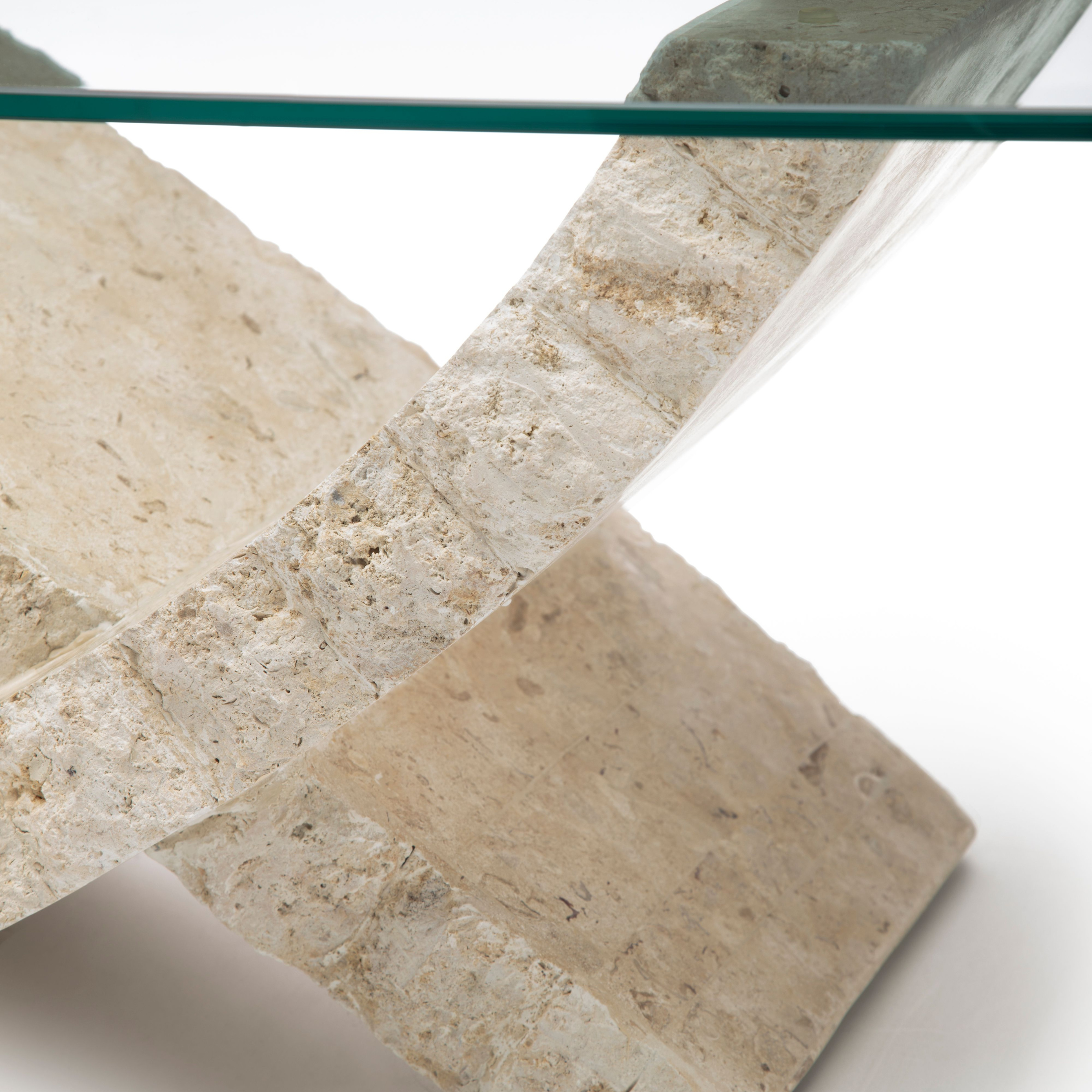 Mesita baja en piedra fósil "Fiocco" tapa de cristal templado 120x70 cm 37h