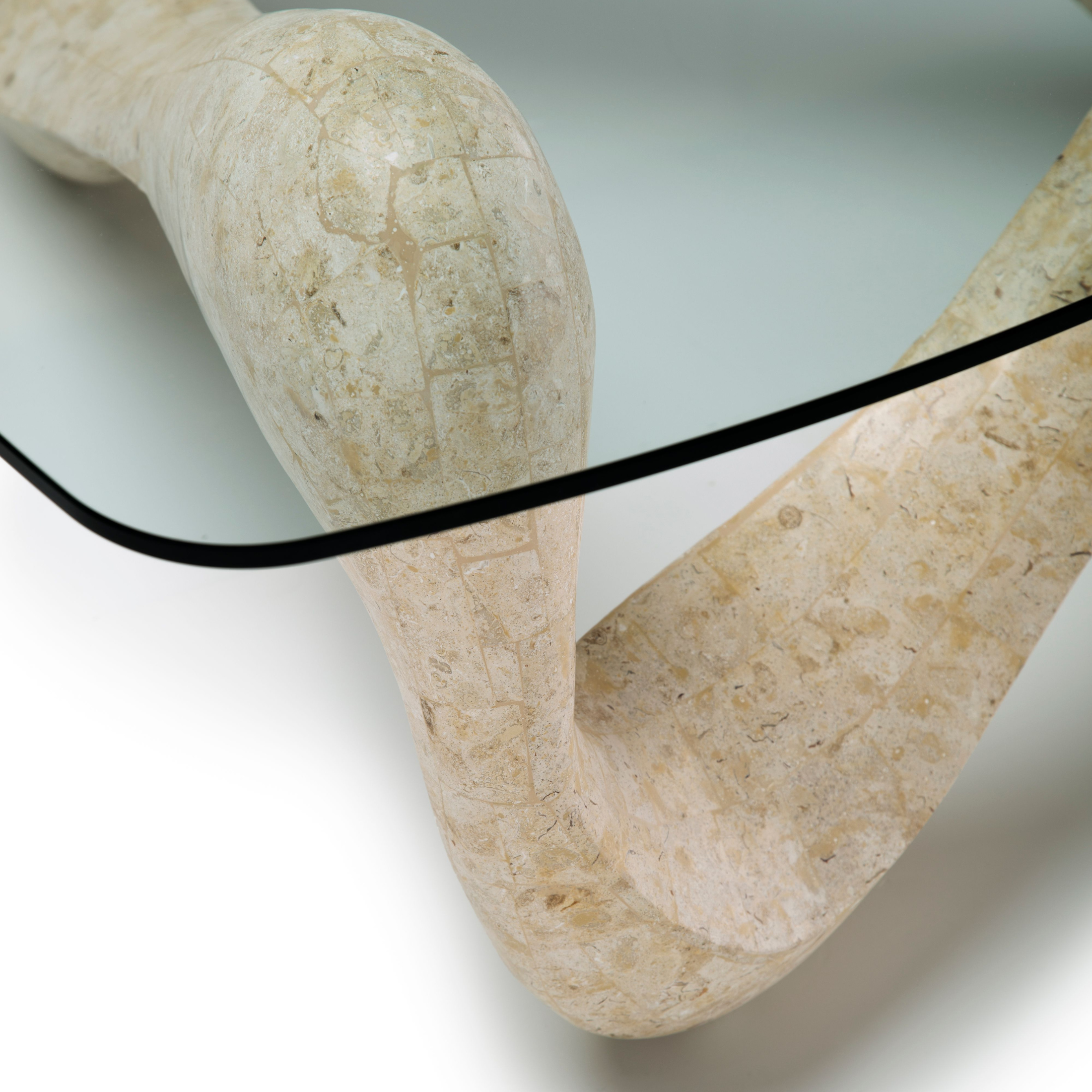 Mesita baja en piedra fósil "Tetris" tapa de cristal templado 100x100 cm 42,5h