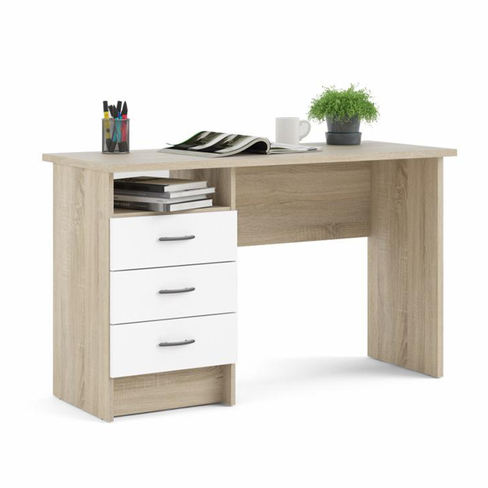Bureau Function Plus avec commode 3 tiroirs en chêne et bois blanc 120x48 cm 73h
