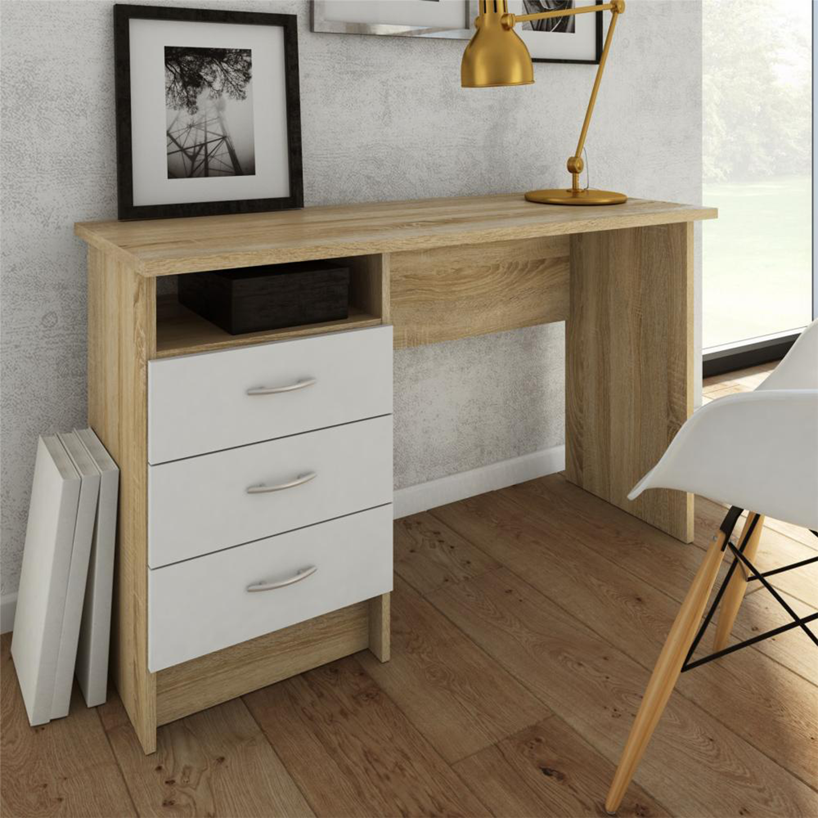 Bureau Function Plus avec commode 3 tiroirs en chêne et bois blanc 120x48 cm 73h