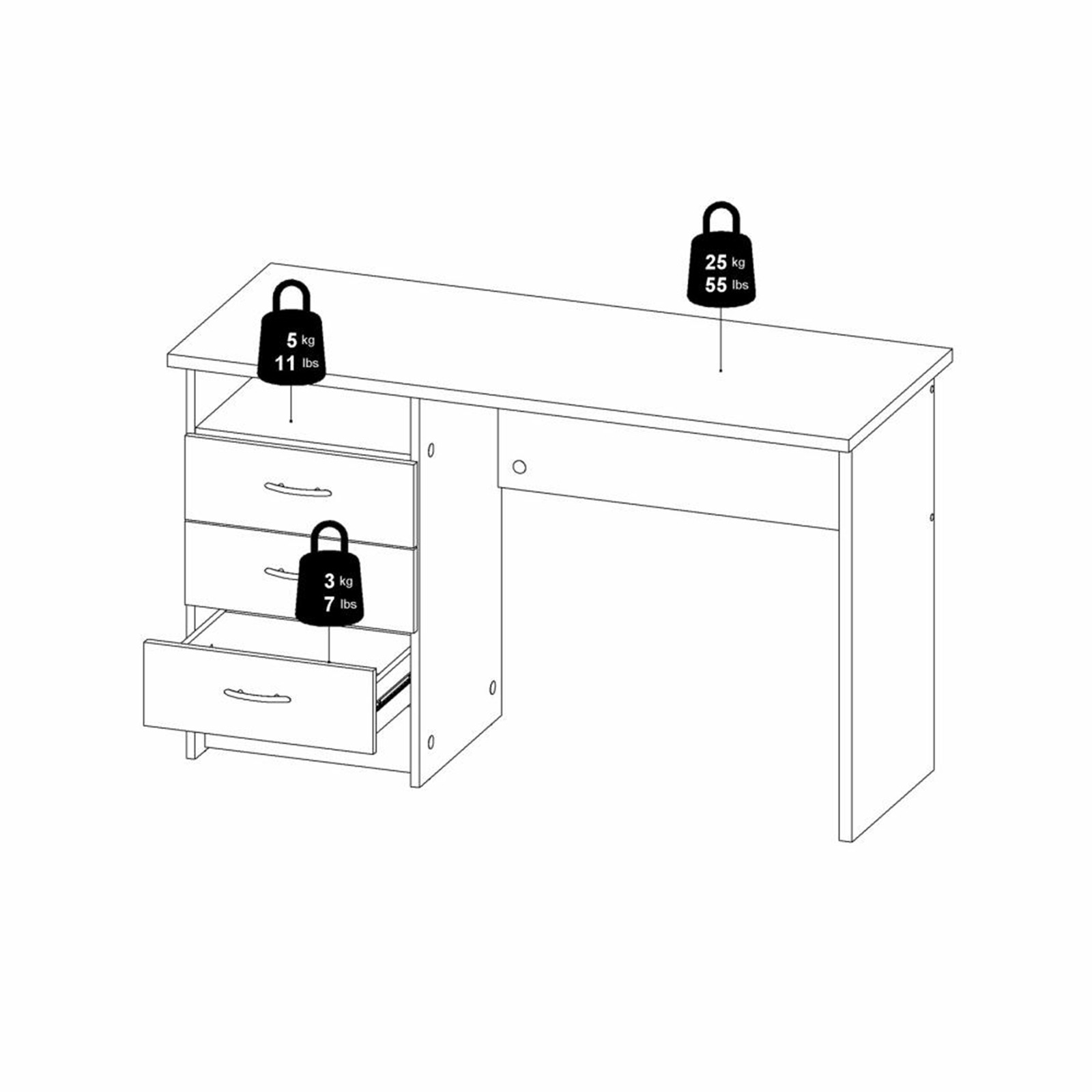 Bureau Function Plus avec commode 3 tiroirs en chêne et bois blanc 120x48 cm 73h