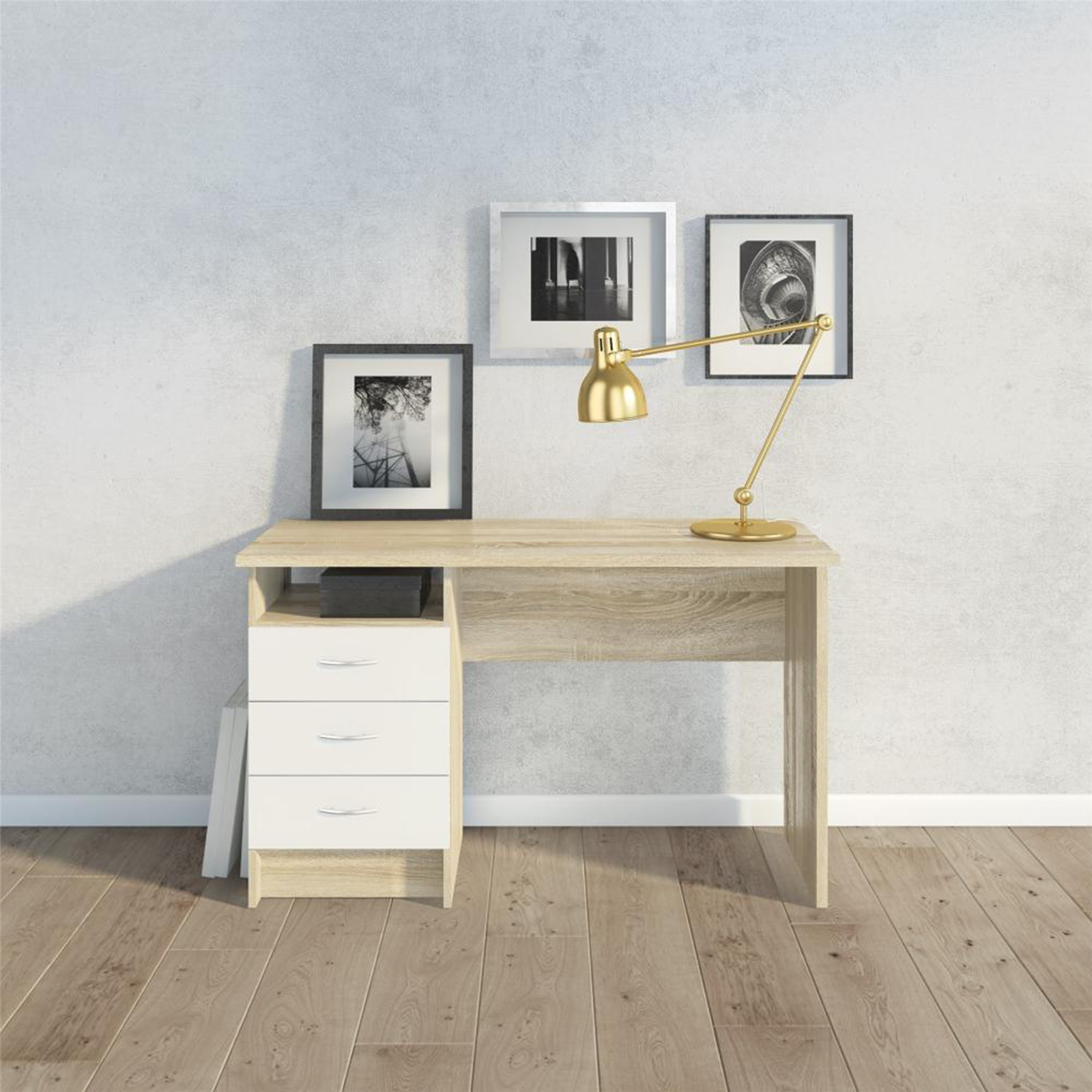 Bureau Function Plus avec commode 3 tiroirs en chêne et bois blanc 120x48 cm 73h
