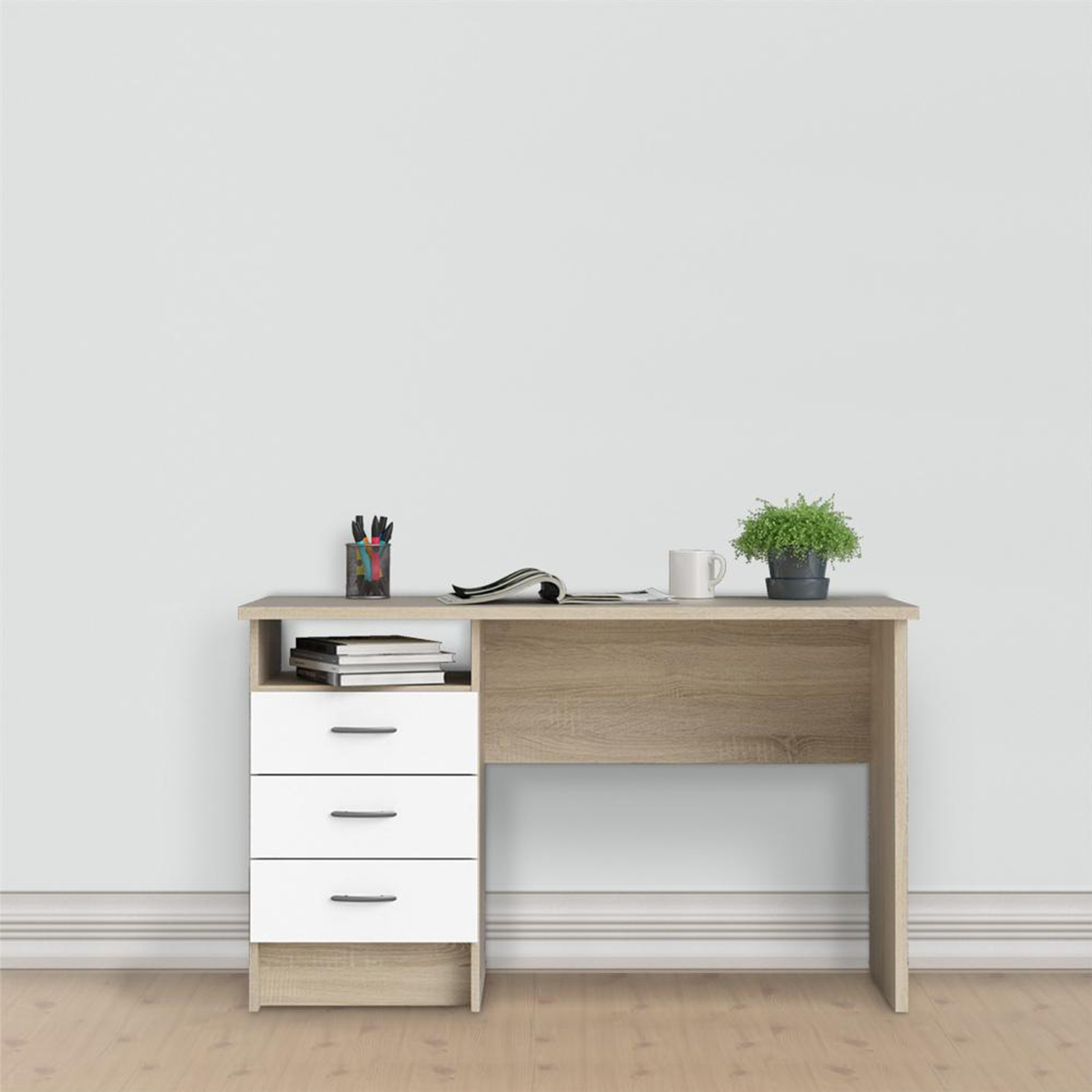 Bureau Function Plus avec commode 3 tiroirs en chêne et bois blanc 120x48 cm 73h