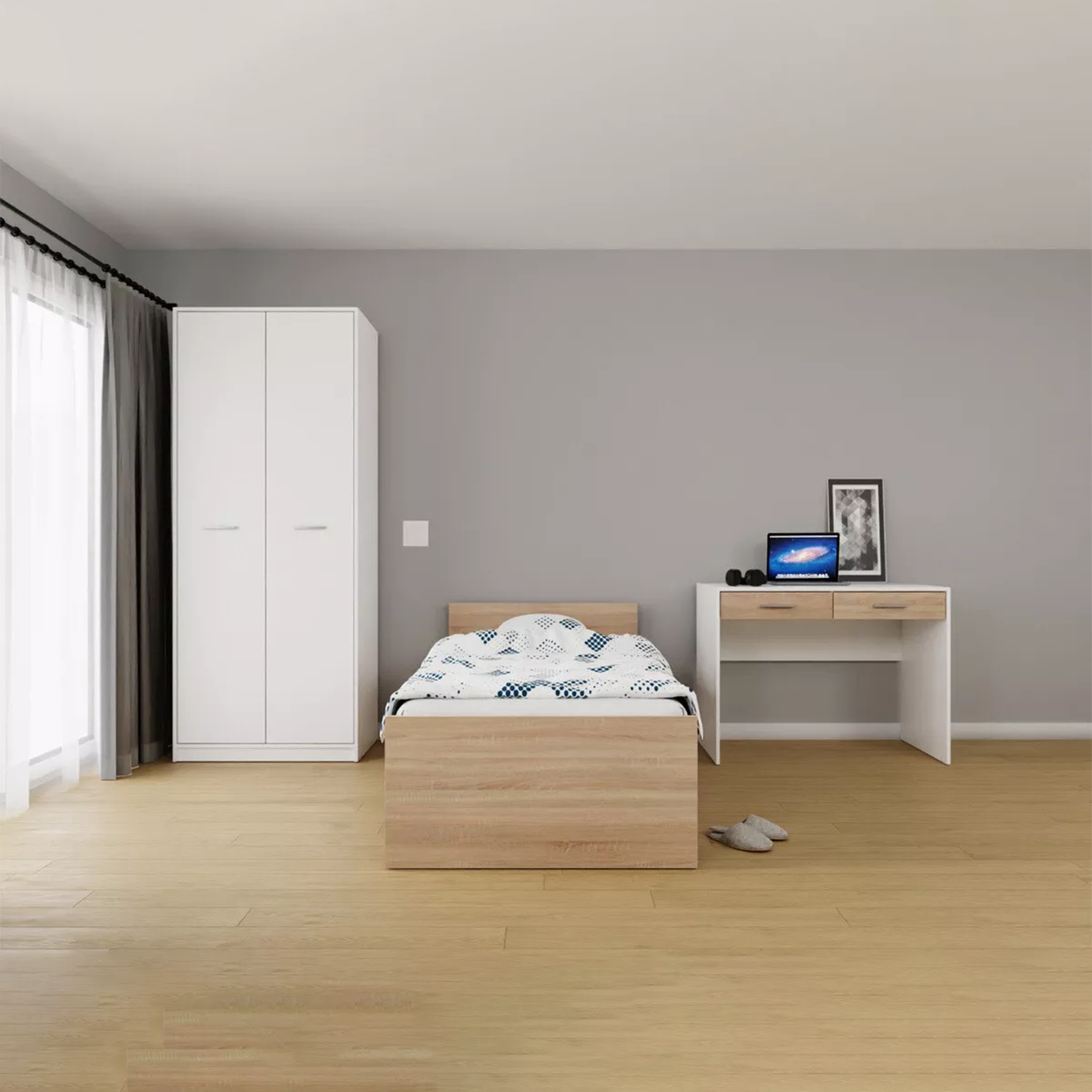 Escritorio para oficina USB de madera blanca con 2 cajones de roble 100x60 cm 75h