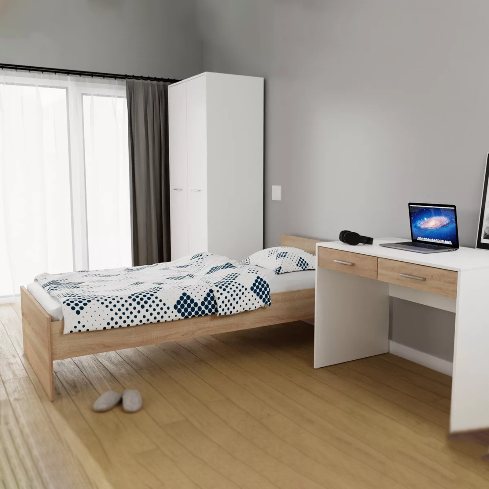 Escritorio para oficina USB de madera blanca con 2 cajones de roble 100x60 cm 75h