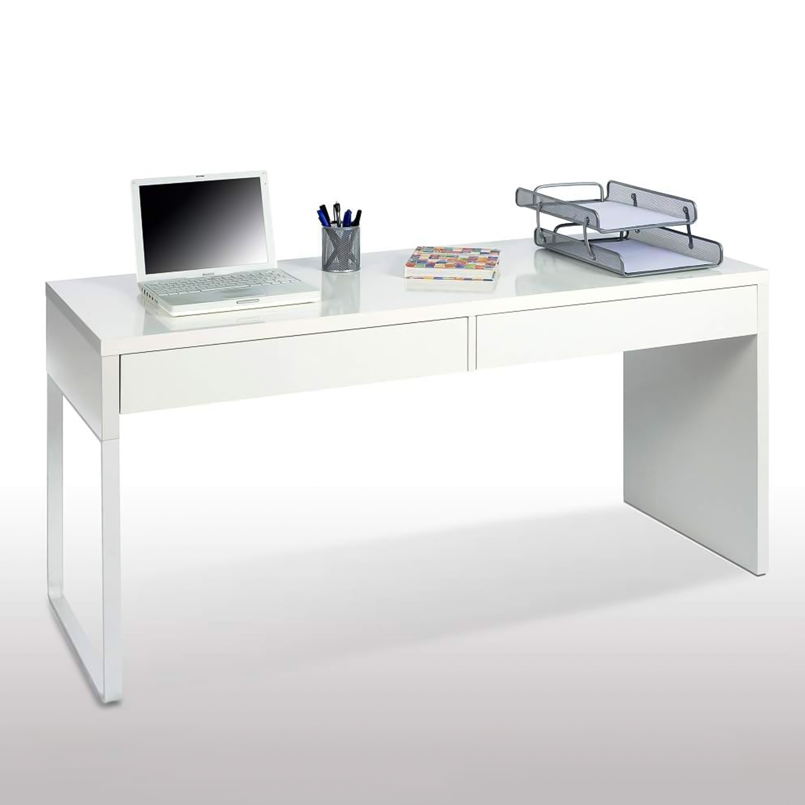 Scrivania porta computer Touch in legno bianco per ufficio con 2 casse