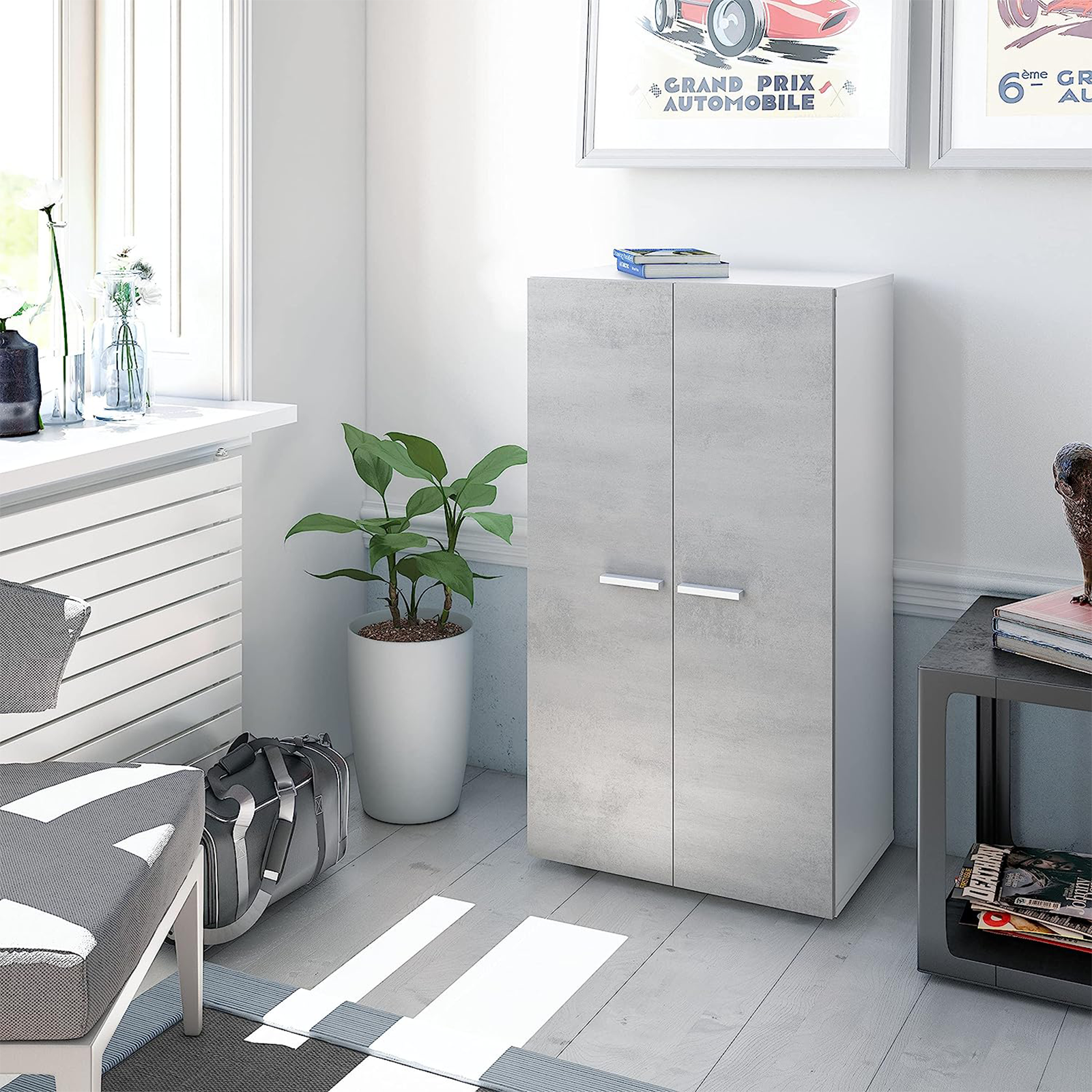 Armadio scarpiera moderna 2 ante "Tisca" in legno bianco e cemento cm 55x36 104h