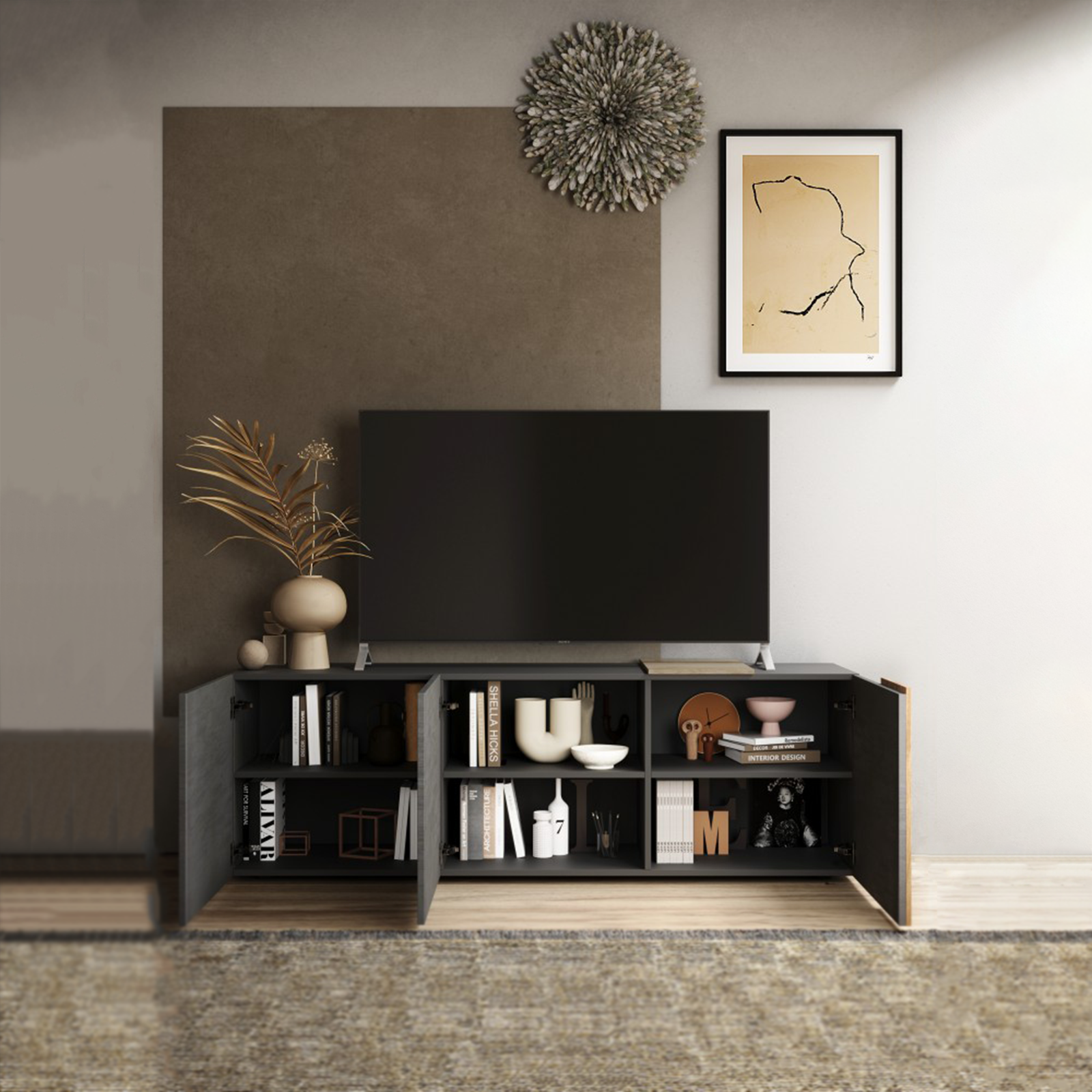 Mobile porta tv in legno di rovere "Venus" da soggiorno a 3 ante cm 181x44 59h