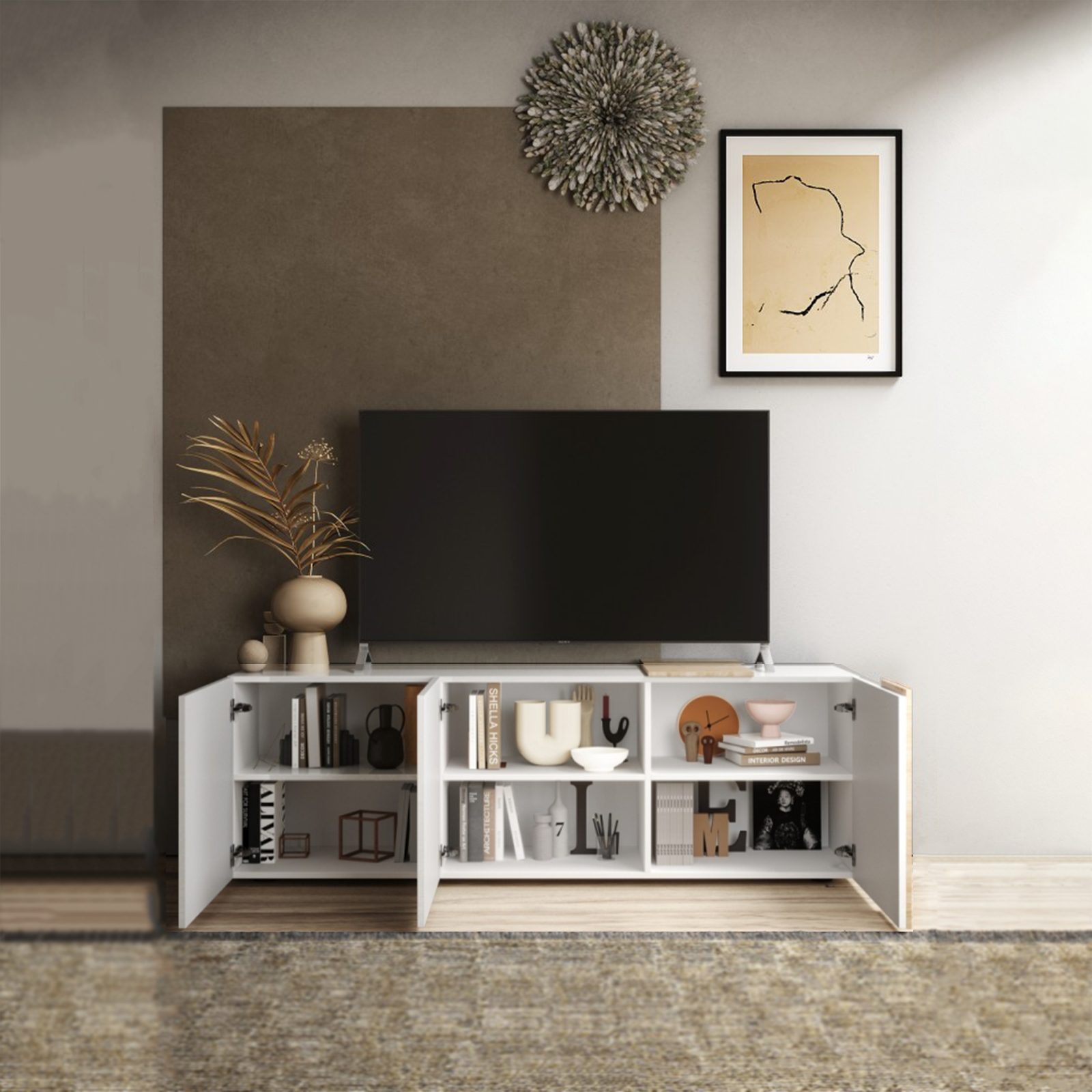 Mobile porta tv in legno di rovere "Venus" da soggiorno a 3 ante cm 181x44 59h